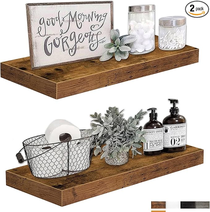 QEEIG Bathroom Shelves 24 inches Long Floating Shelf for Wall 24 x 9 inch Set of 2, Rustic Brown (008-60BN)