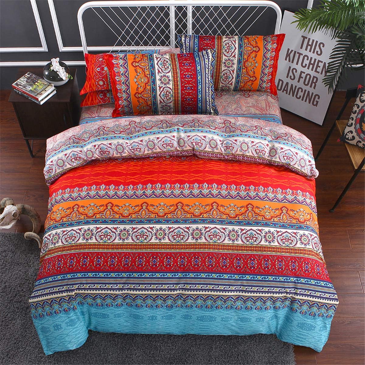 King Size Bohemian Duvet Cover Red and Blue Colorful Boho Bedding Set with 2 Pillowcases Soft Microfiber Moroccan Bed Cover 220cm X 230cm