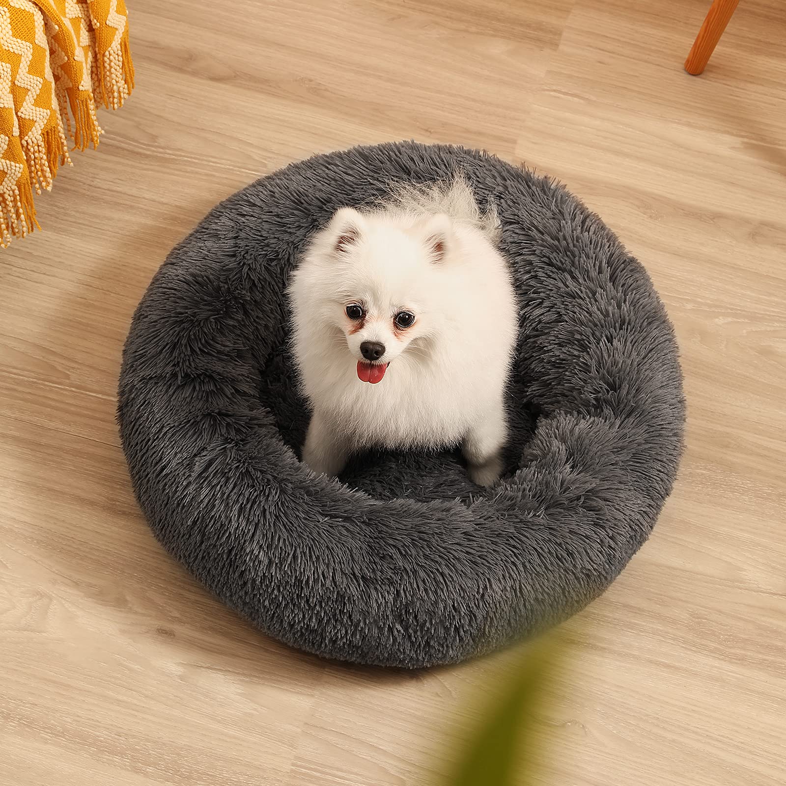 Dog Beds for Medium Dogs, Anti Anxiety Donut Dog Bed, Round Calming Dog Bed for Puppy, Plush Faux Fur Dog Bed, Fluffy Dog Bed, Soft Fuzzy Pet Bed, Machine Washable, 23x23inch Darkgrey