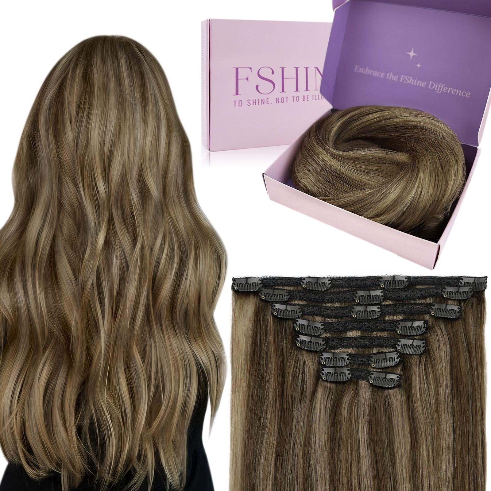 Fshine Extensiones de Clip de Pelo Natural Humano 7pcs 14 Pulgadas Extensiones Clip Pelo Natural Negro Natural Color 1B 120G — view 20