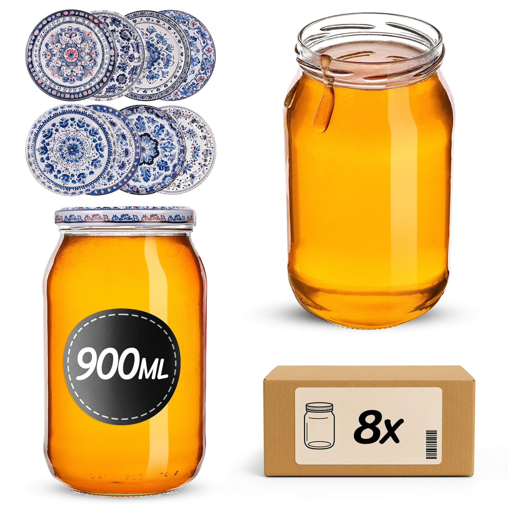 KADAX Set di 8 Grandi barattoli in Vetro 900ml Ø82 Blu/Bianco – Tappo a Vite ermetico, per Conserve, sottaceti, Verdure lacto-fermentate e marmellate Fatte in casa