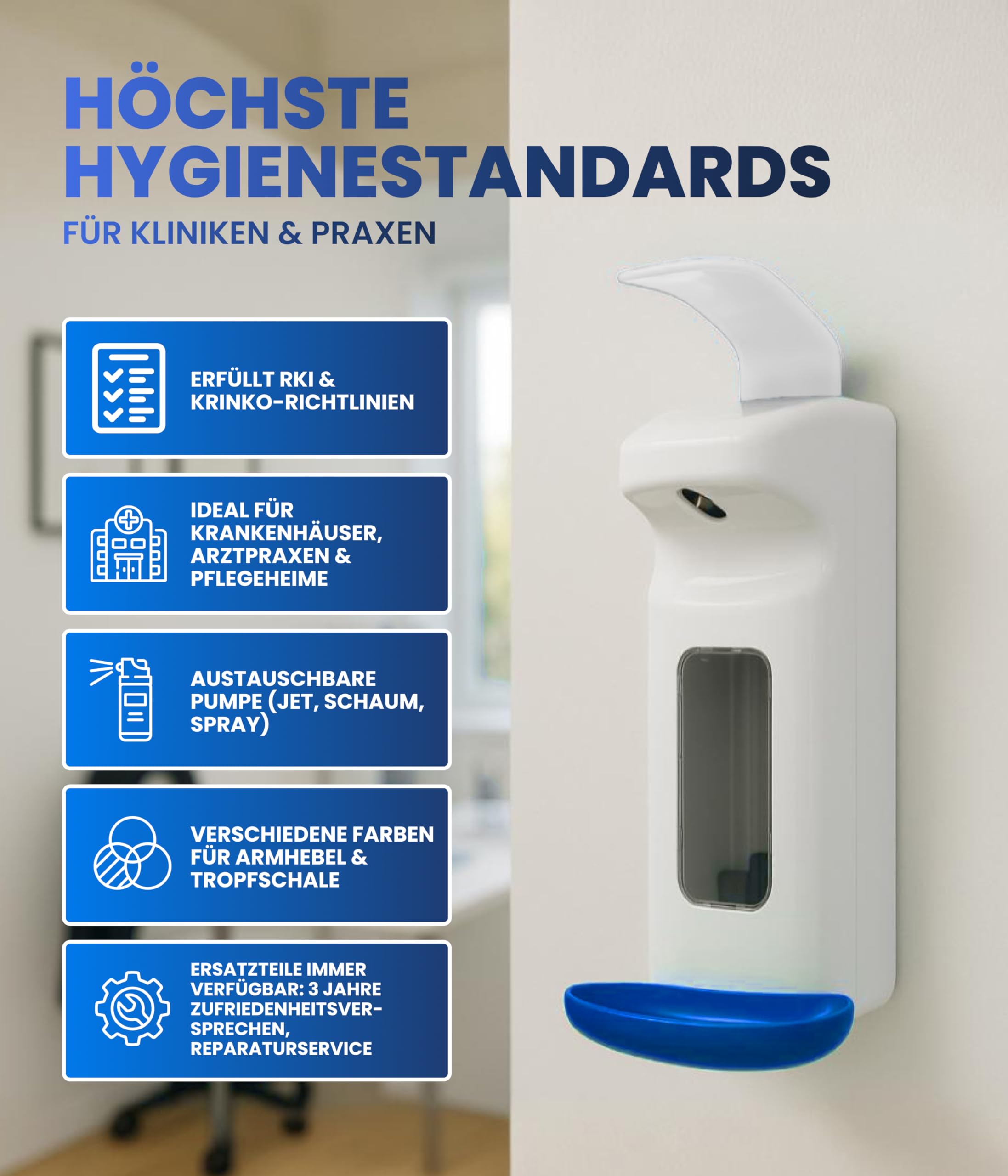 Dispensador desinfectante SD2015, dispensador manual de palanca de brazo para 500 – 1000 ml – Eurodispensador recargable (blanco con bandeja de goteo azul)