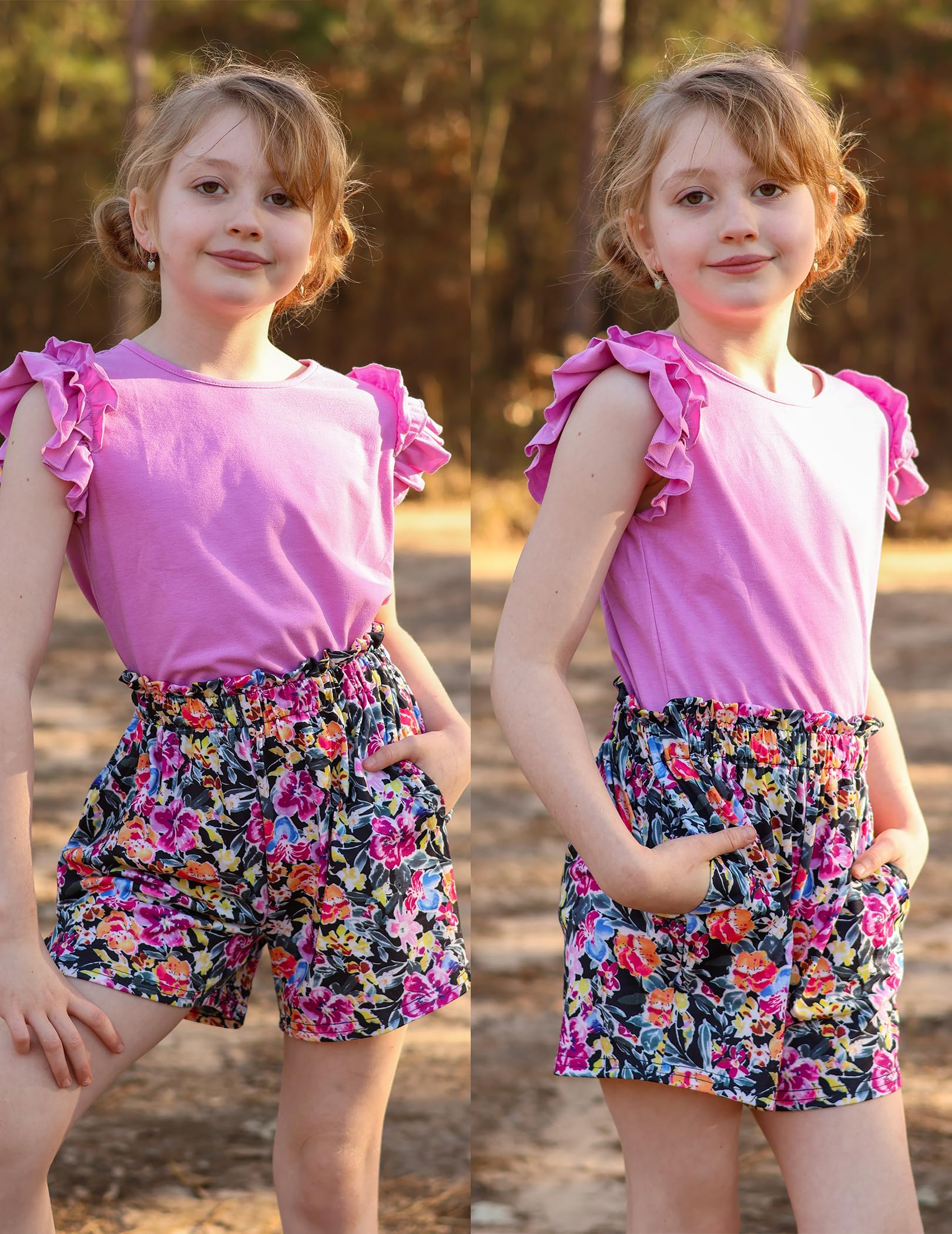 Arshiner Conjuntos Ropa Niñas Verano Monocolor Camiseta Pantalones Cortos Conjunto Niños Algodón Manga Volantes Conjunto Ocio Moda 2-Piezas Ropa con Bolsillo 6-14 Años