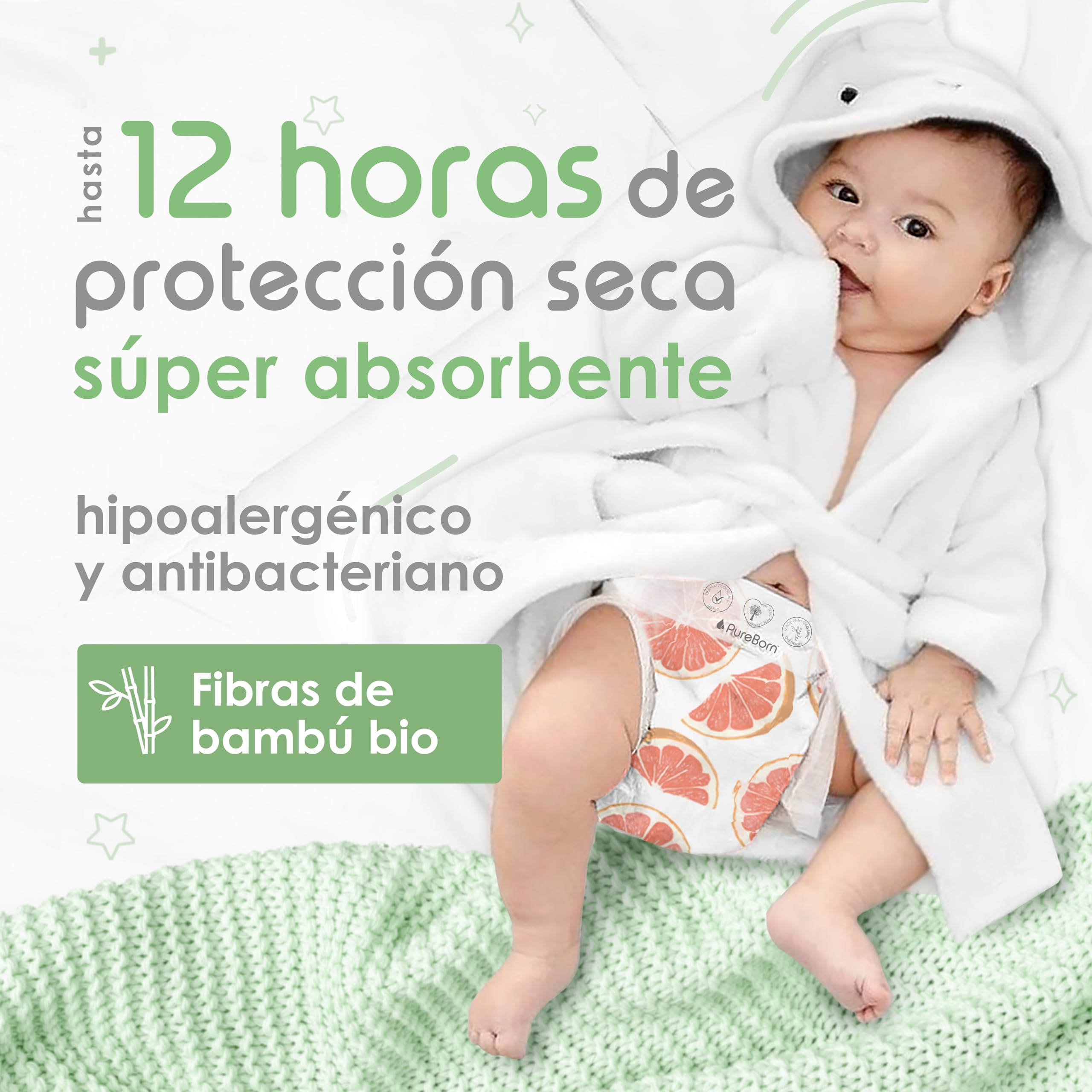 PureBorn Pañales Bebé Ecológicos de Bambú, Talla 2 (3-6 kg), 128 piezas, Hipoalergénicos, Ultrasuaves, Estampado Surtido