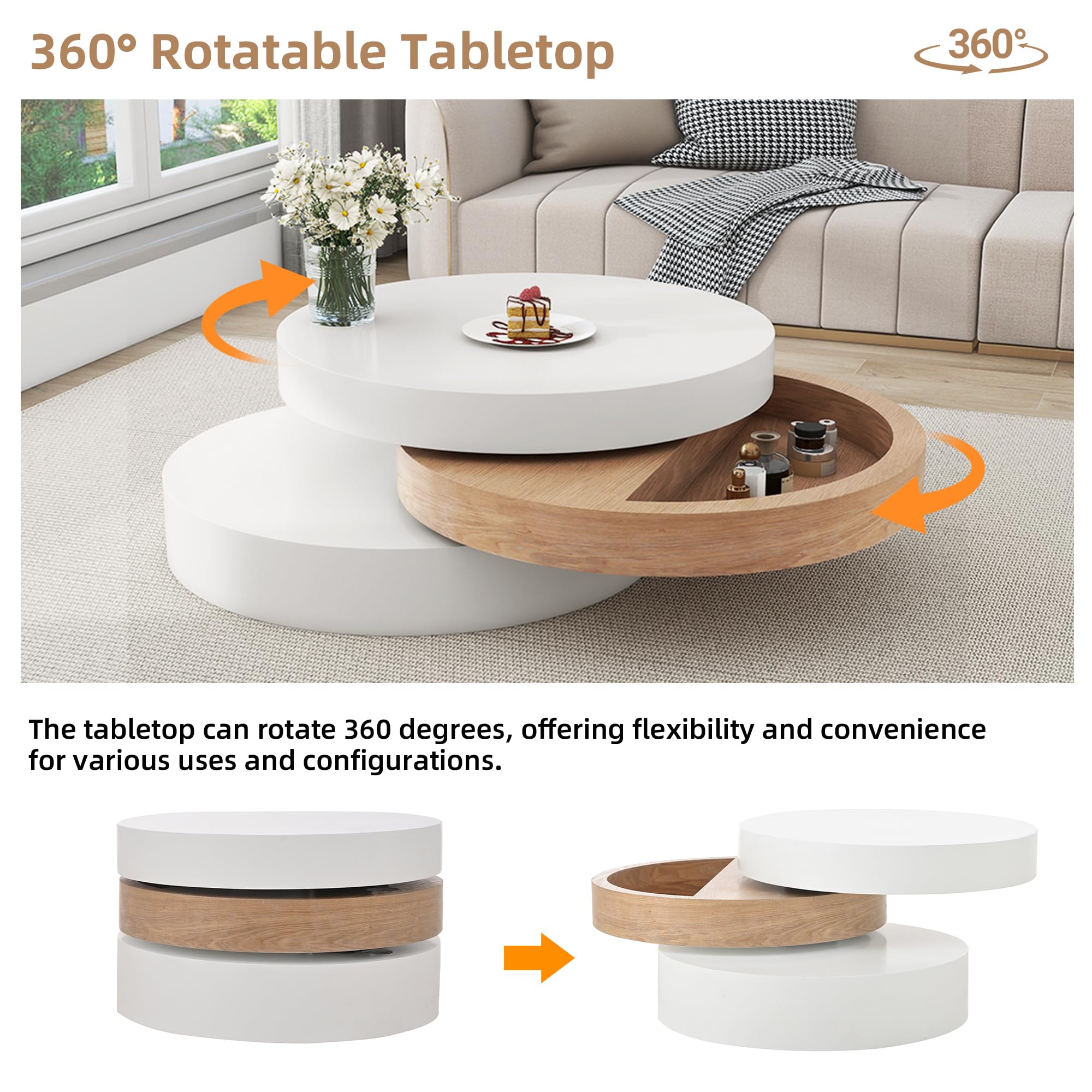 SUKY Mesa de centro cilíndrica, mesa superior giratoria 360°, mesa de salón, mesa de sofá de tres niveles, 3 estantes, capacidad de carga 30 kg, madera de sauce con espacio de almacenamiento, color