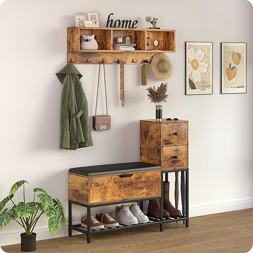 Miniatura 7 de Juego de banco de zapatos de 39 pulgadas con caja superior abatible y 2 cajones, banco de entrada con almacenamiento de zapatos, banco de entrada 7