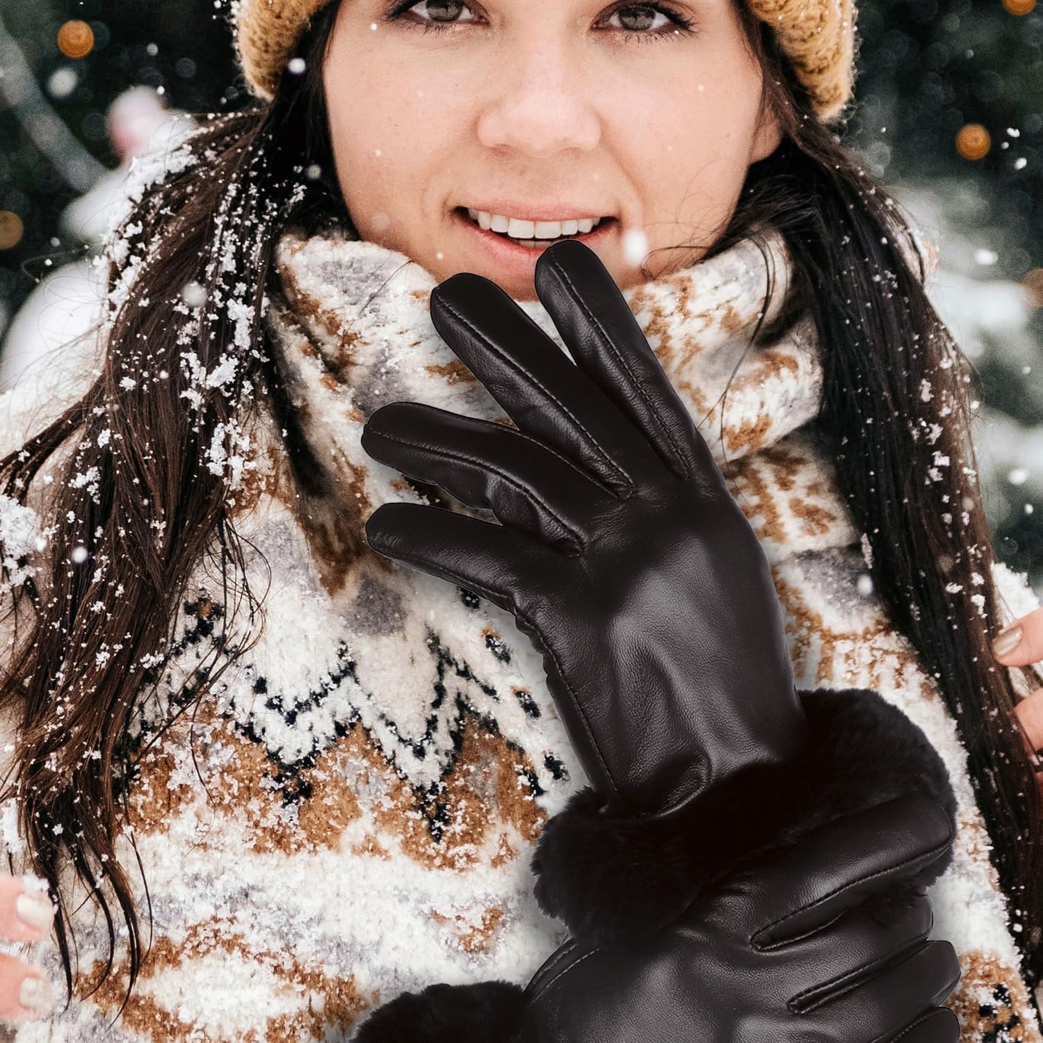 Yicorgard Women Fur Leather Gloves Winter Warm Gloves Black Rabbit Fur Cuff Touchscreen Driving Gloves - Image 3