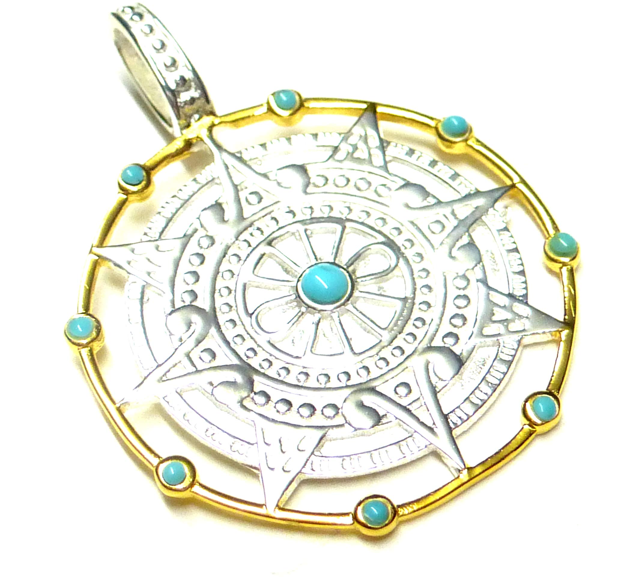 Silberschmuck - BGSilver Gold Plated Mayan Compass Pendant with Turquoise Stones Gift Jewellery Protection Symbol Unisex