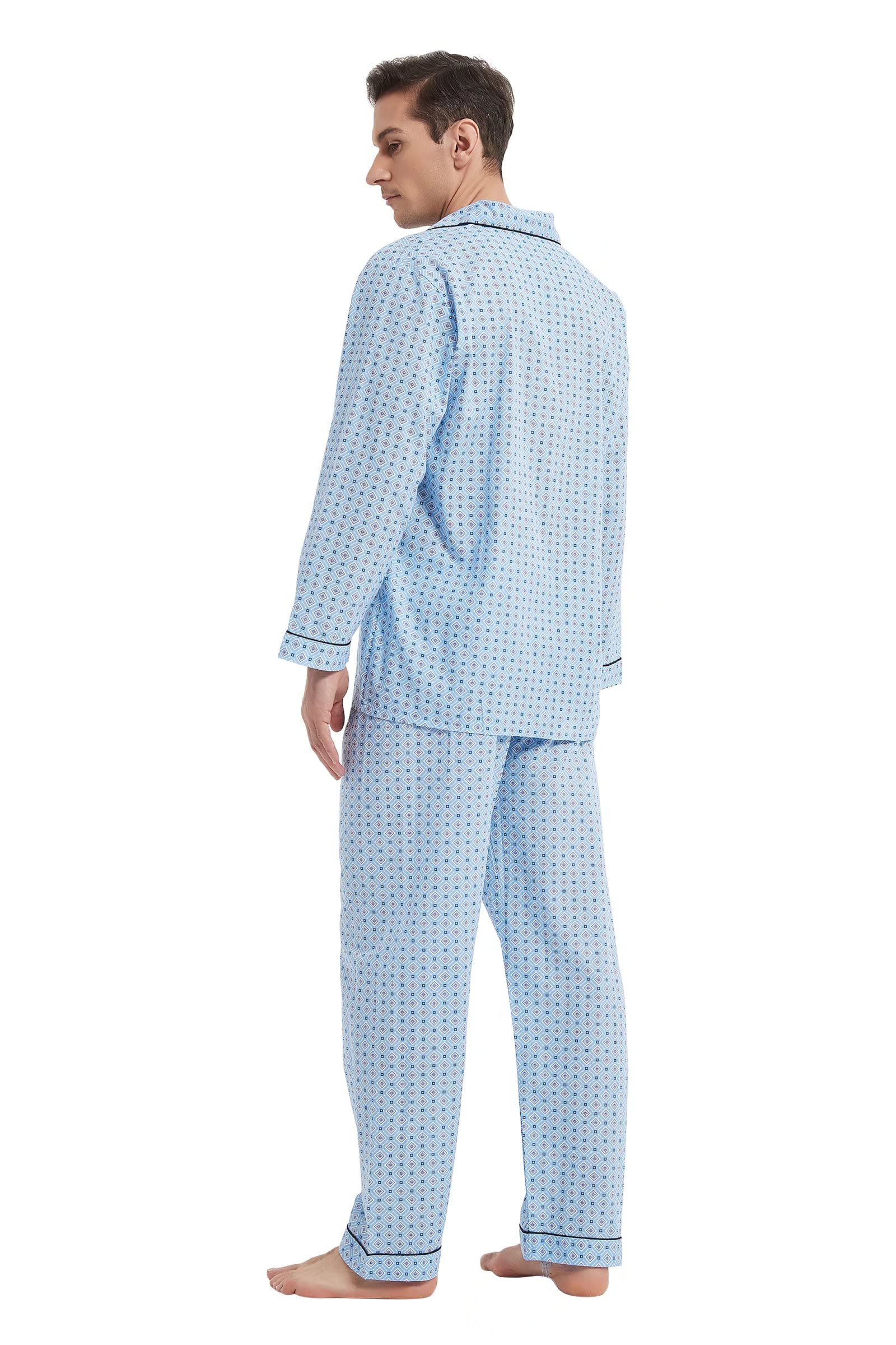 GLOBAL Pijama Hombre 100% Algodón Ropa de Dormir Manga Larga con Botones Cordón Transpirable Conjunto de Pijama Hombre Ropa de Estar por Arriba y Abajo S-3XL