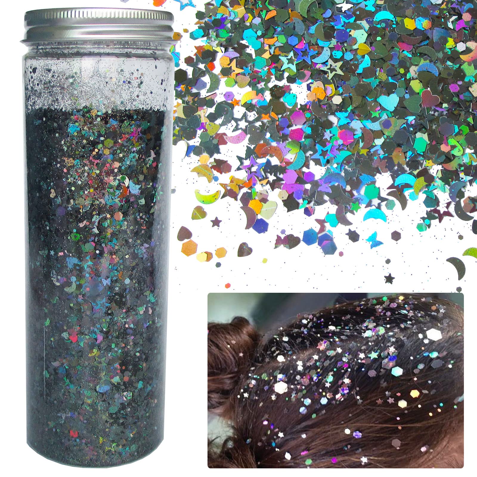 LoveOurHome 150g Chunky Body Glitter Holographic Black Star Moon Heart Butterfly Glitters Flakes Sequins Accessories for Resin/Crafts/Nails/Makeup/Slime