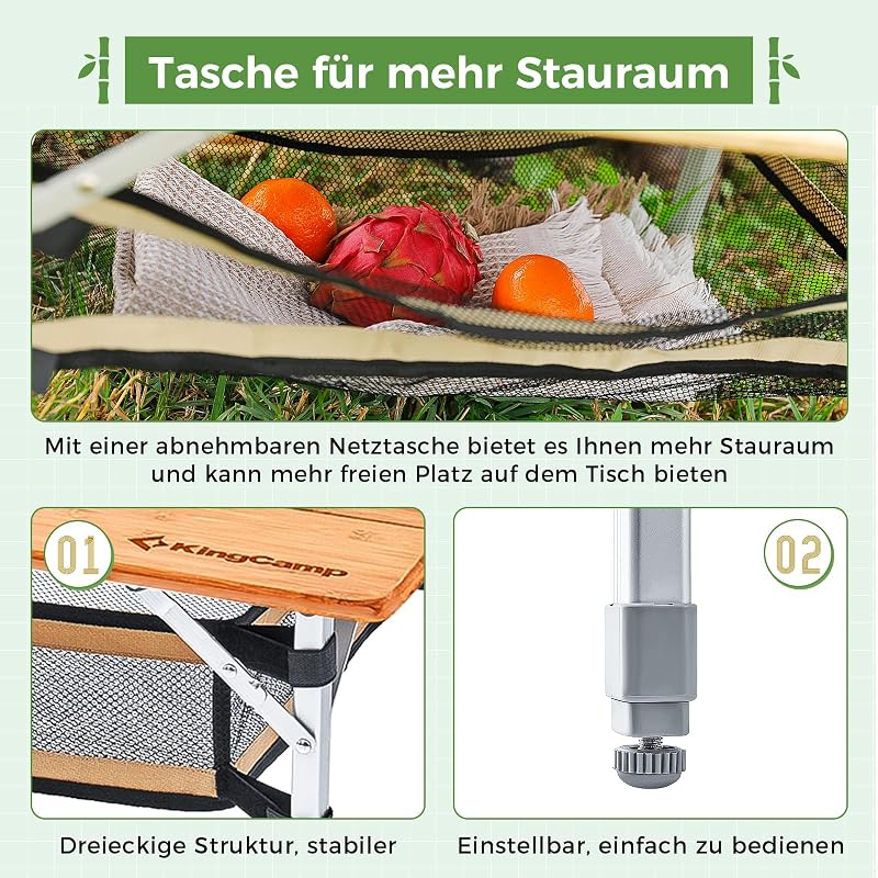 KingCamp Összecsukható Bambusz Kempingasztal - 3 Állítható Magasság (45/52/65 cm), Alumínium Váz, 80 kg Teherbírás, Hordtáskával, Kültéri Ha
