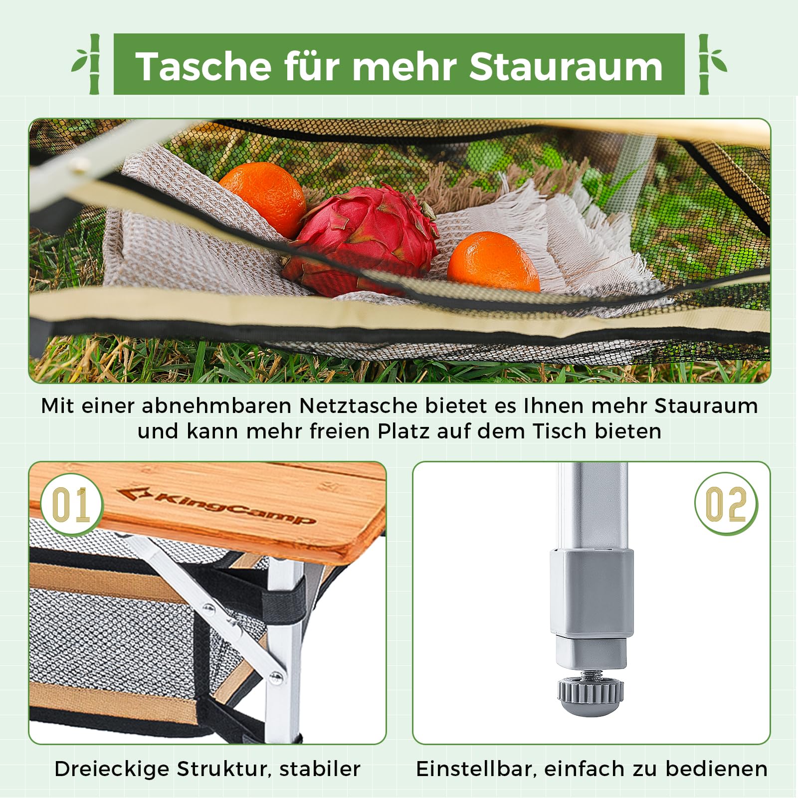 KingCamp Campingtisch Bambus Klappbar Höhenverstellbar 45/52/65 cm bis 80kg | Klapptisch Faltbar Stabil Kompakt Tragbar Robuster Alu-rahmen für Camping Picknick Garten Balkon 100x65cm mit Klappnetz