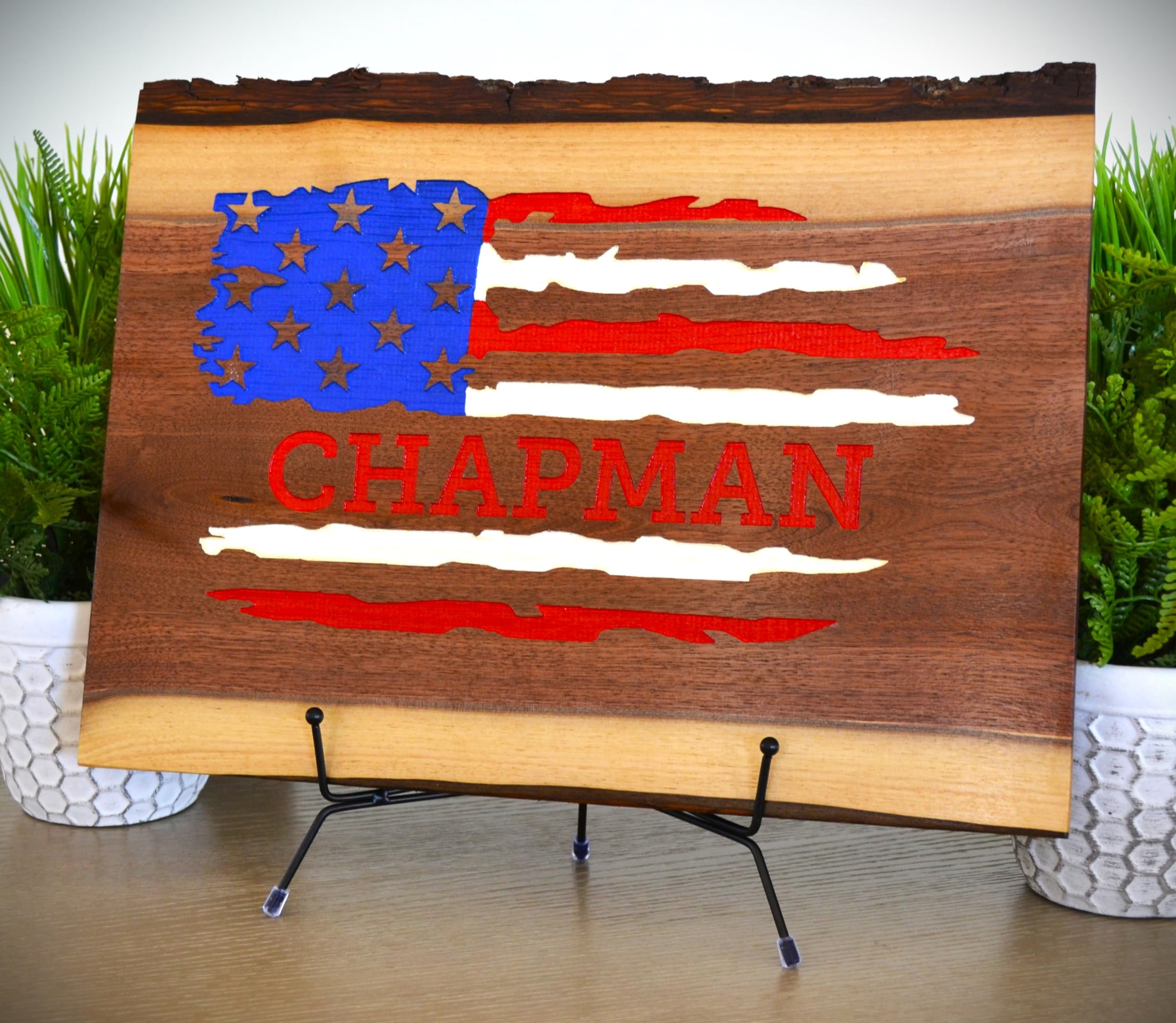 Personalized American Flag Color Engraved Display Gift Unique Live Edge Walnut Rustic Wood Cutting Board Anniversary Wedding Military First Responders Veterans Patriotic (American Flag Color Text)