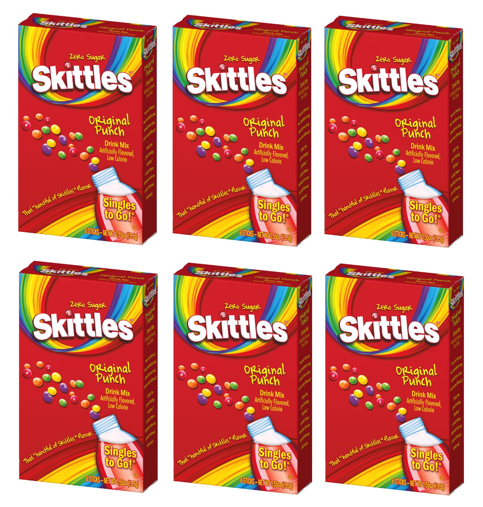 SINGLES TO GO!Original Punch Skittles Drink Mix - 6 Count Boxes (Pack of 6)