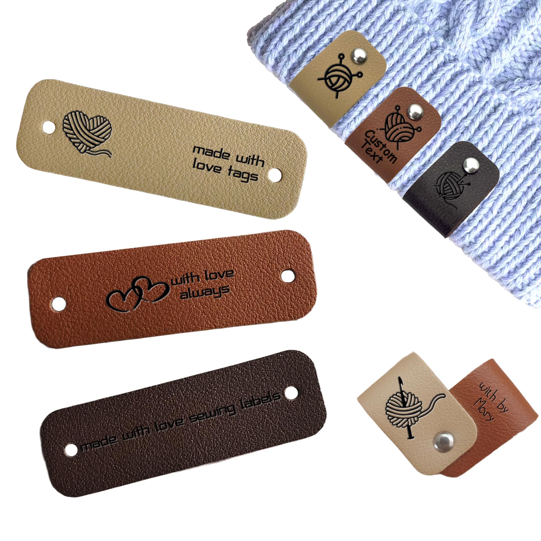 12Pcs Personalized Handmade Leather Tags for Knits Items, Custom Leather Labels with Rivet, Custom Labels for Knitting & Crochet Projects (2.5x0.8 Style 2)