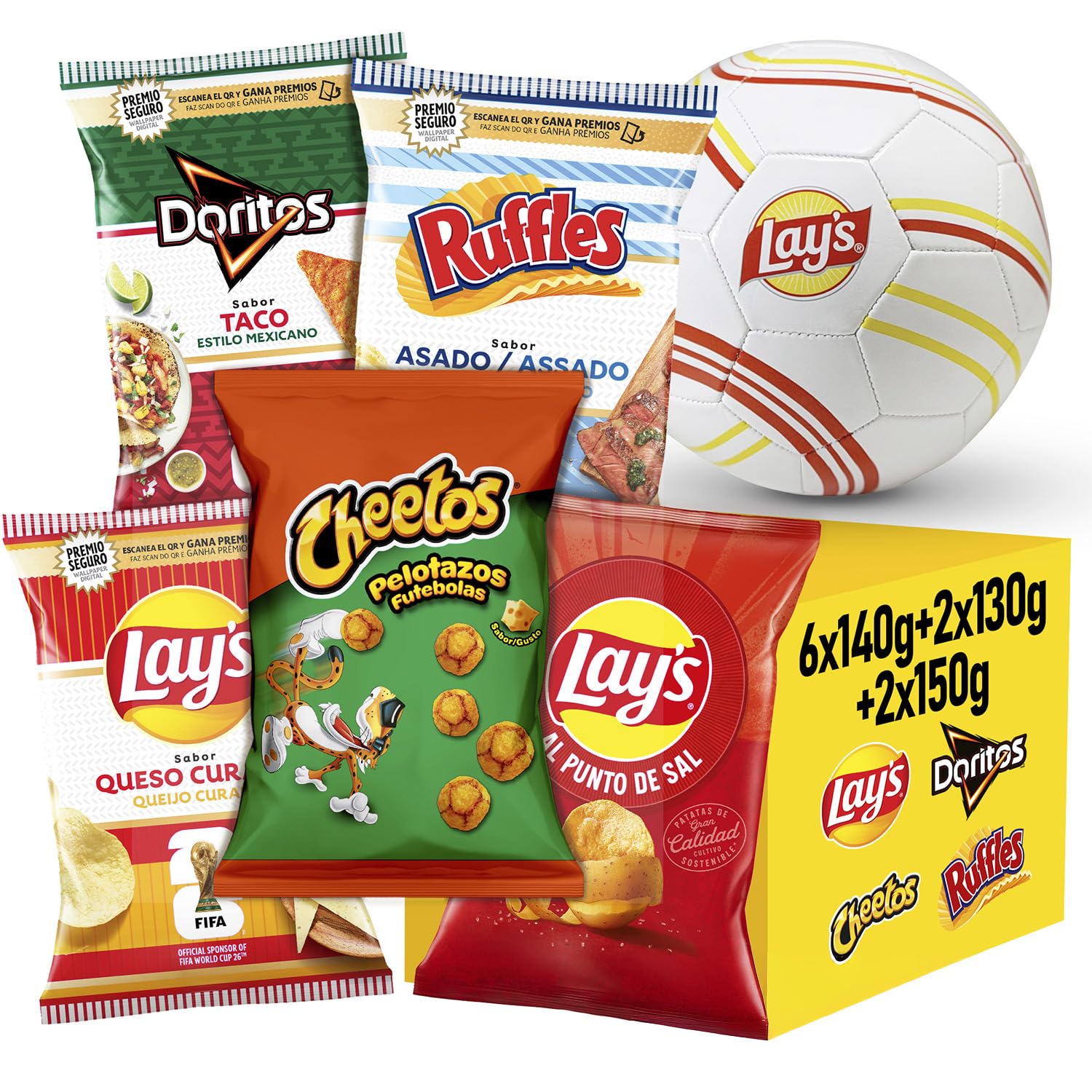 Pack Variado, 10 Bolsas DORITOS Taco, RUFFLES Asado, LAY’S Queso Curado, LAY’S Sal y CHEETOS Pelotazos, 5 Packs de 2 para Aperitivo y Consumo Diario, Incluye Balón de Regalo