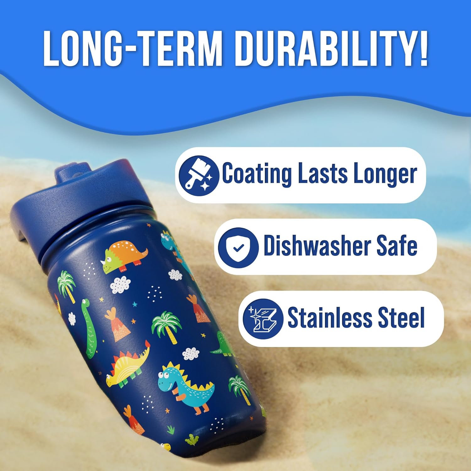 Stainless Steel 14 OZ Kids Water Bottle with Straw | BPA-Free Insulated Water Bottle with Leak-Proof Lid | Dinosaur Kids Water Bottle for School | Kids Stainless Steel Water Bottles - Image 4