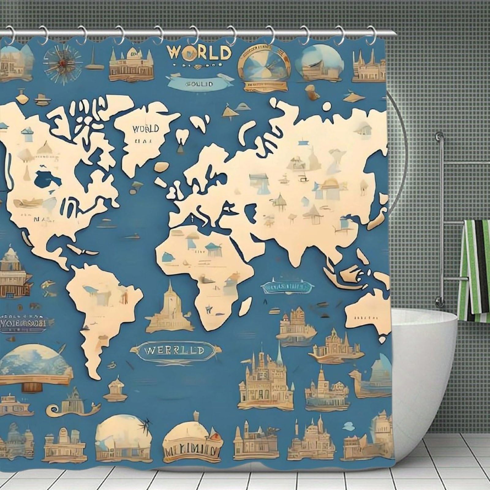 QMNLKH World Map Shower Curtain with Hooks, Waterproof Bath Curtains for Bathroom, Lightweight Bath Curtains Liner for Hotel, Personalized Bath Curtain for Spa, 70.8 Inch
