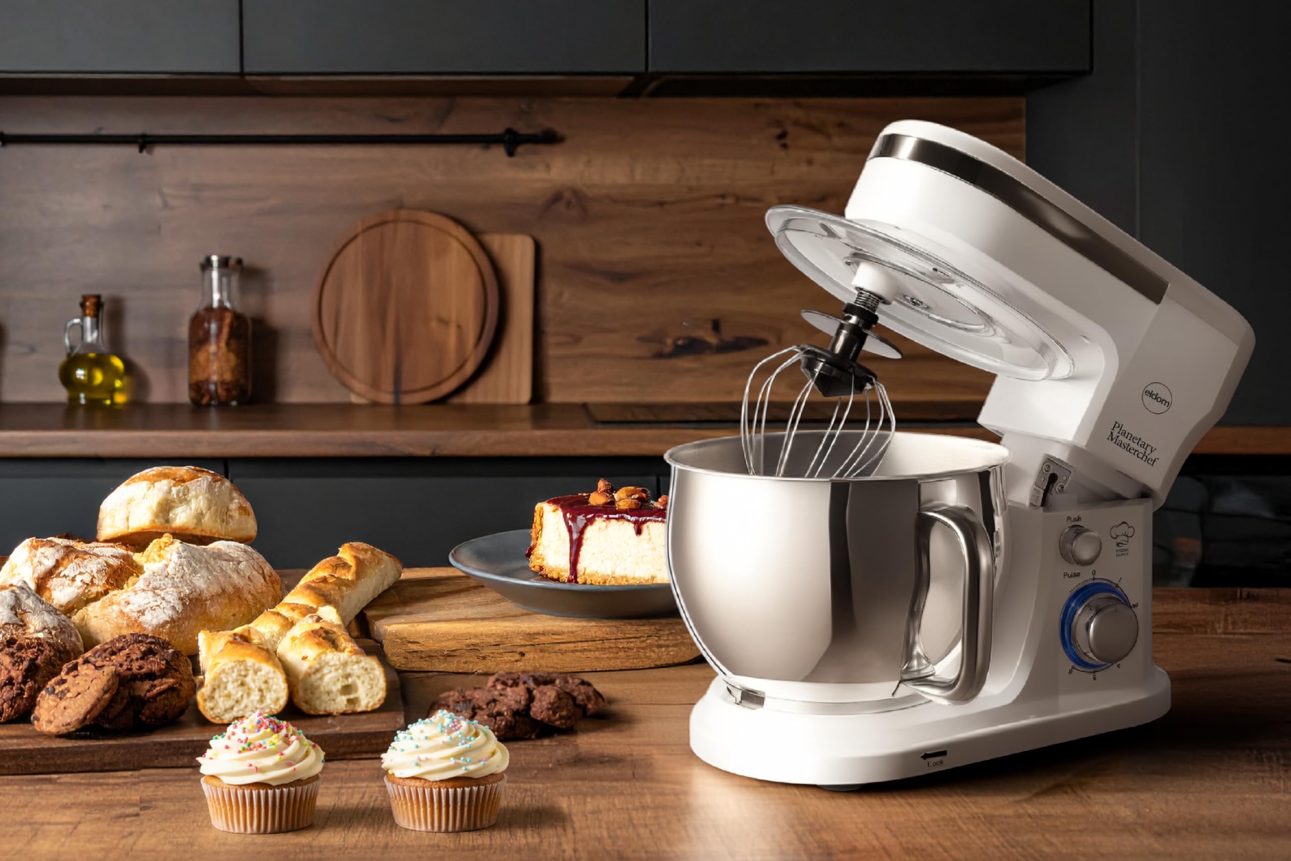 Robot de cocina 1300 W, batidora planetaria de 5 L, 6 velocidades + pulso, engranaje de metal, máquina de amasar con gancho para amasar, batidor y gancho para mezclar, color blanco WRK1300 Eldom