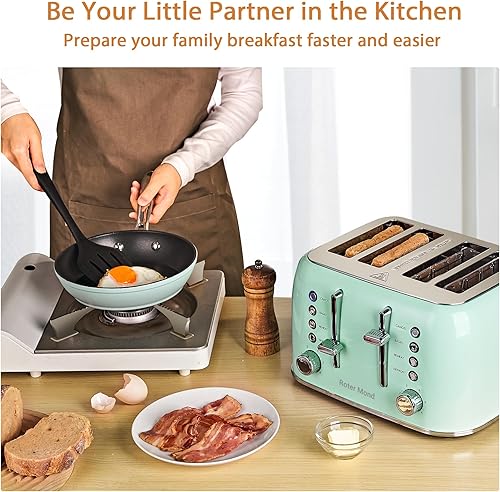 Miniatura 7 de Roter Mond Tostadora de acero inoxidable retro de 4 rebanadas con ranuras extra anchas bagel, descongelación, función de recalentamiento, panel de