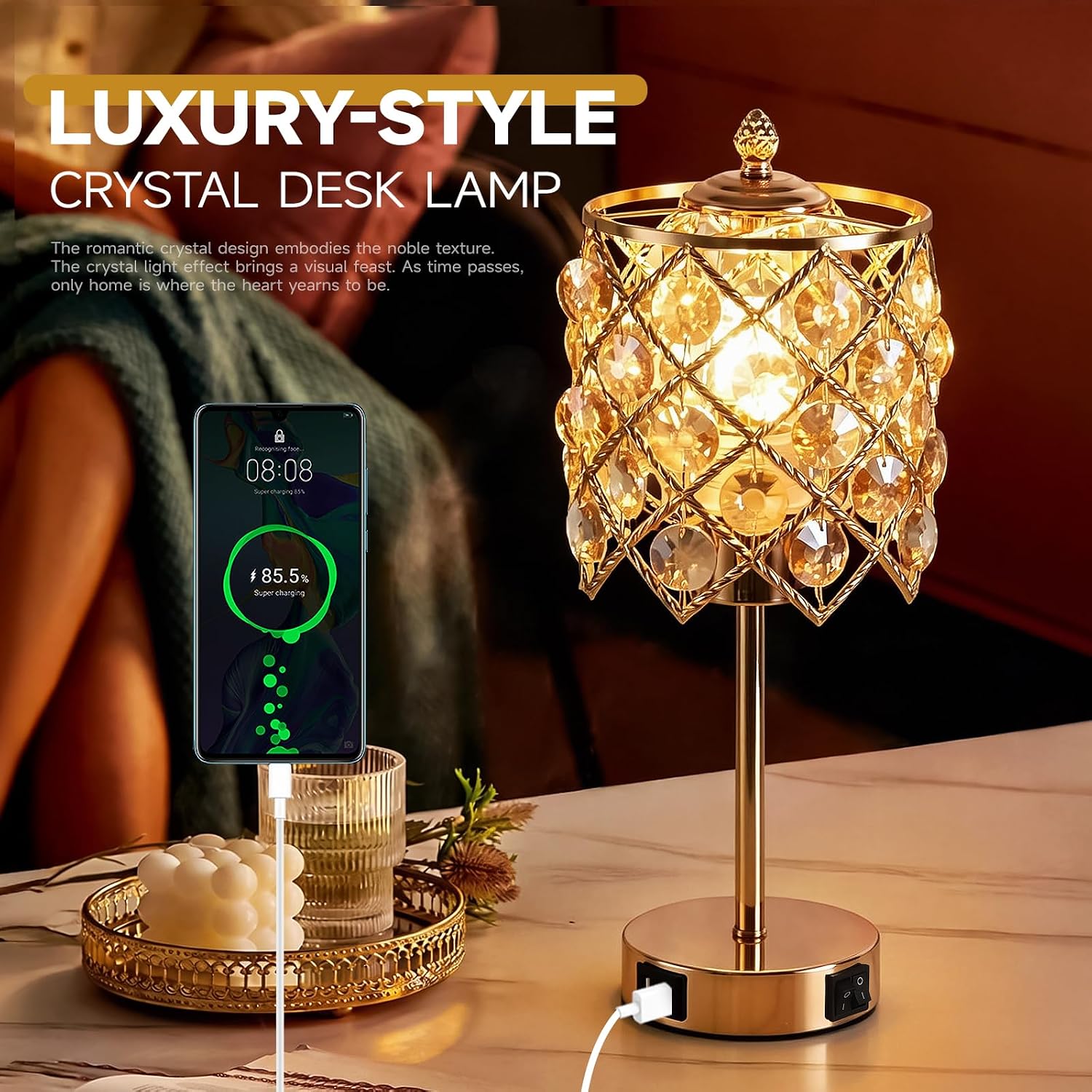 WELAISA-Crystal Table Lamp 3-Way Dimmable Nightstand Lamp with 2 USB Charging Ports, Gold Bedside Lamp for Bedroom, Touch Lamp with Elegant Shade for Living Room, LED Bulb Included