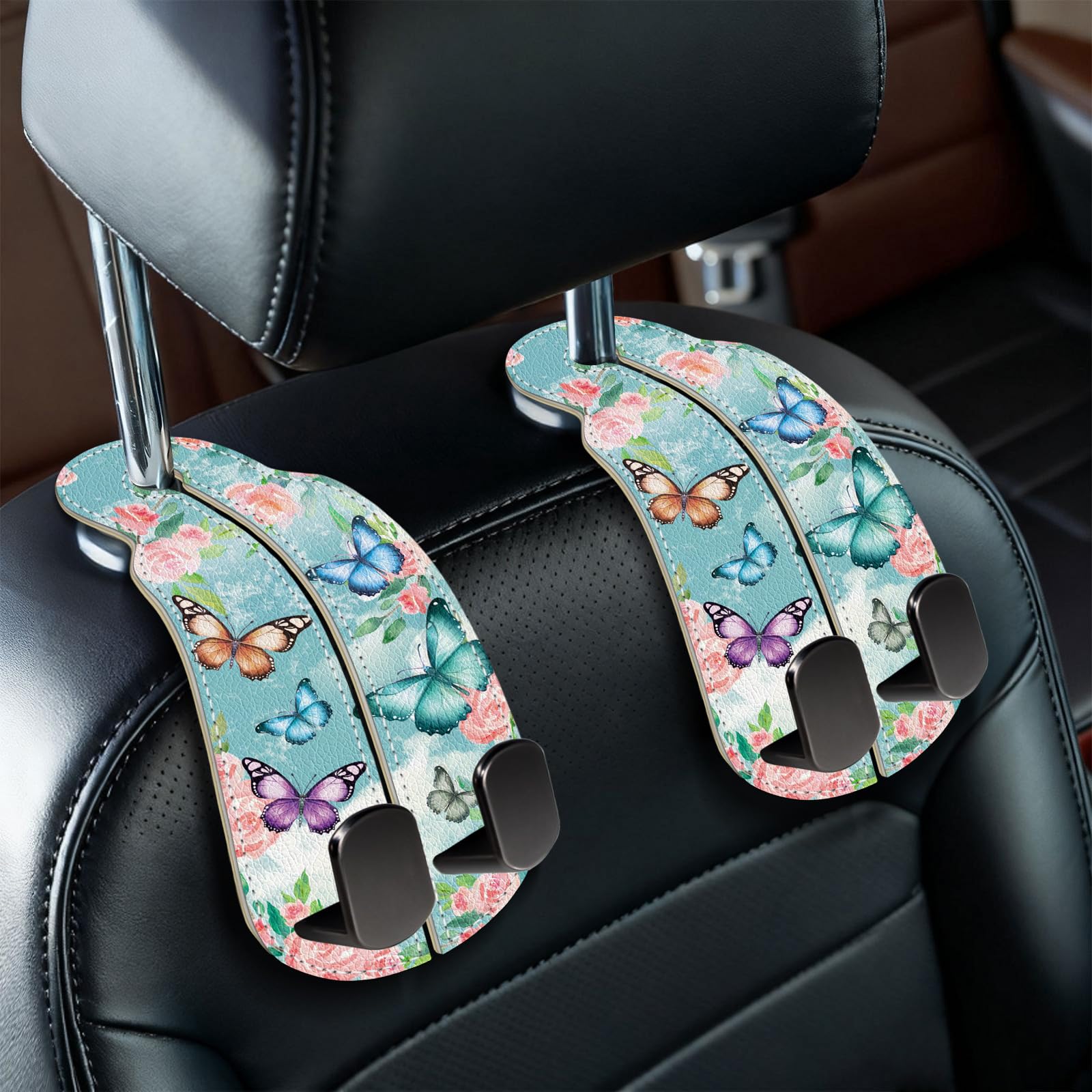 Blusabaca 2PCS Car Seat Back Storage Headrest Hooks, Butterfly Purse Holder Bags Hanger, PU Leather Double Metal Hook for Backseat Organizer, Women