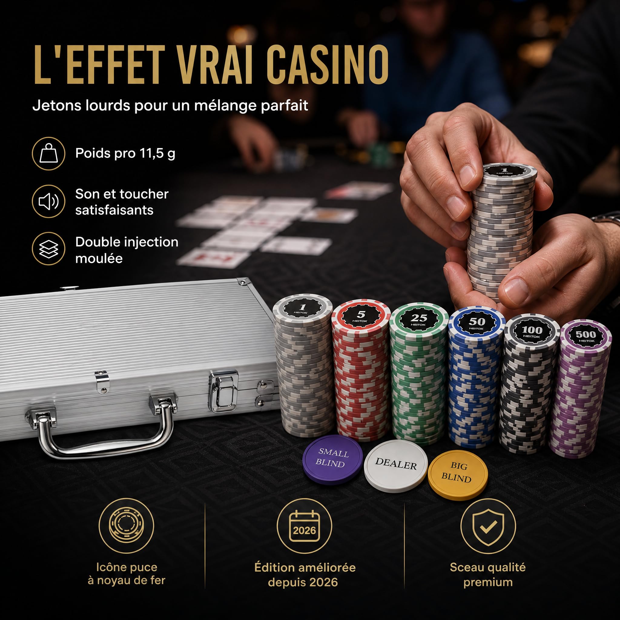 HEITOK Mallette de Poker Professionnelle 300 Jetons Numérotés 11,5g avec Insert Métal – Set Complet Texas Hold'em, 2 Jeux de Cartes, Dés, Boutons Dealer – Valise Aluminium pour Soirées Casino Adultes