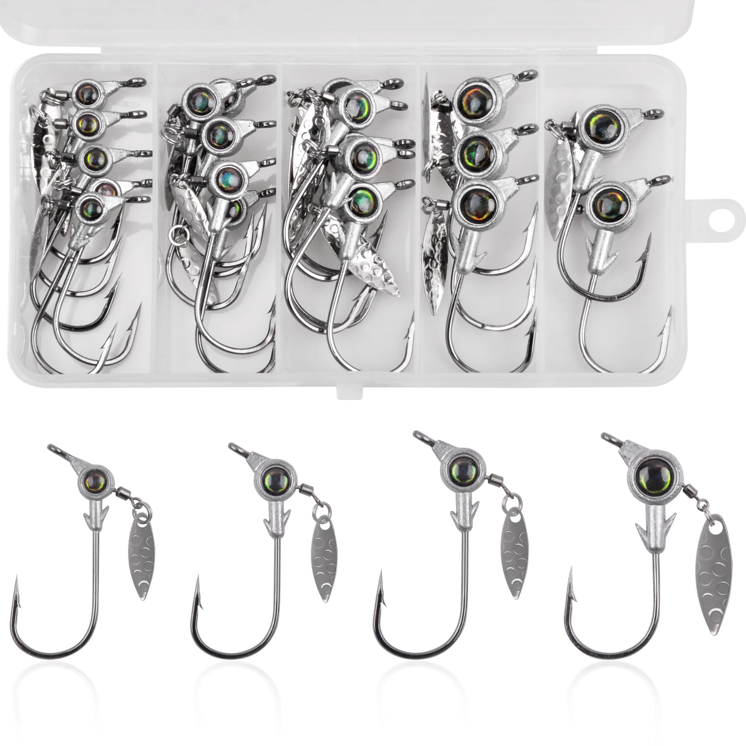 Fishing Jig Heads Kit, 15/20pcs Underspin Swimbait Jig Head Hooks with 3D Eyes, Willow Leaf Spinner Blade, Saltwater Fishing Jigs for Crappie Bass