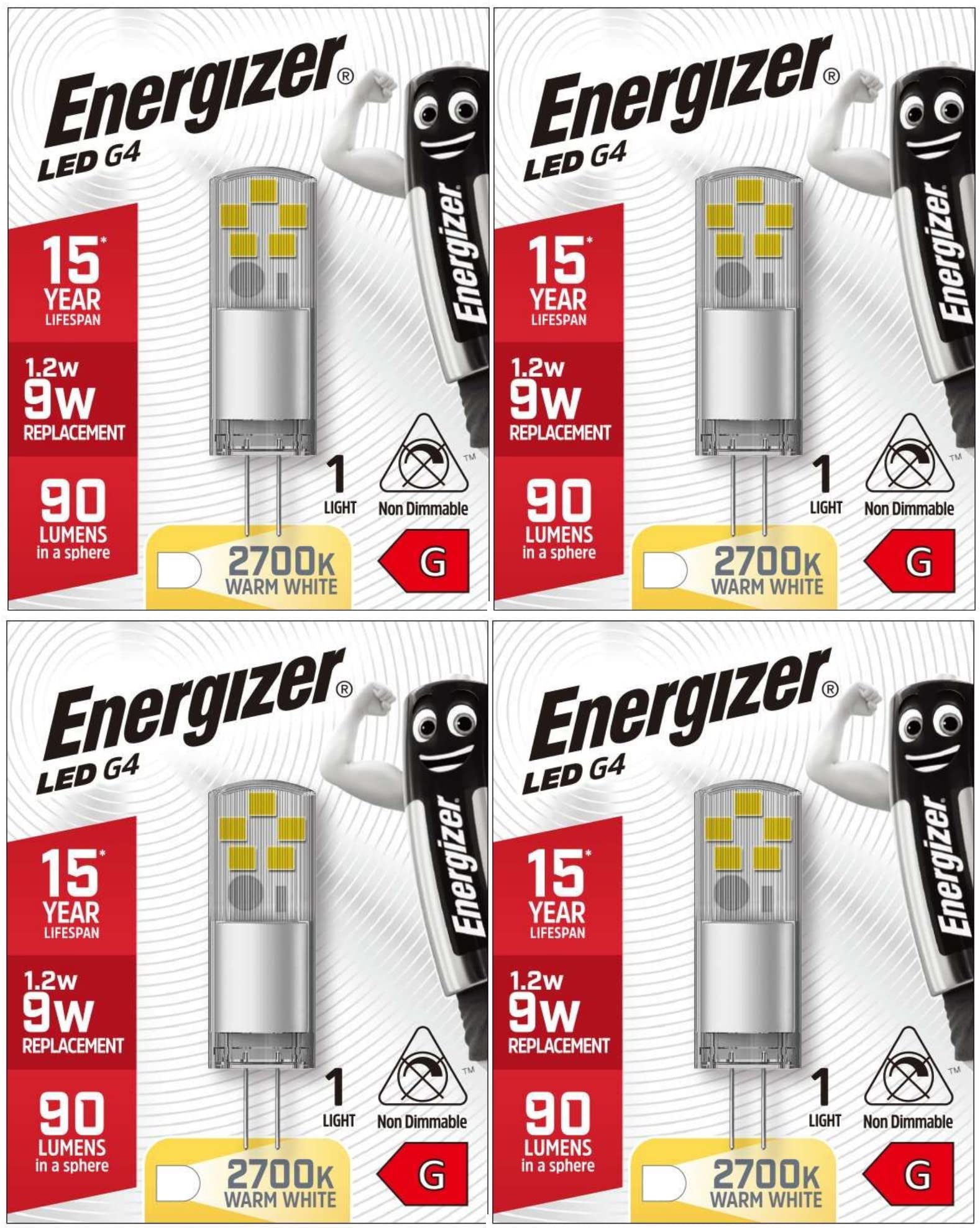 Energizer G4 LED Light Bulb. 1.2W (10w Halogen Equivalent) 12V. 90 Lumens. Bi-Pin Base Energy Saving. Warm White or Daylight (4, Warm White 2700k)