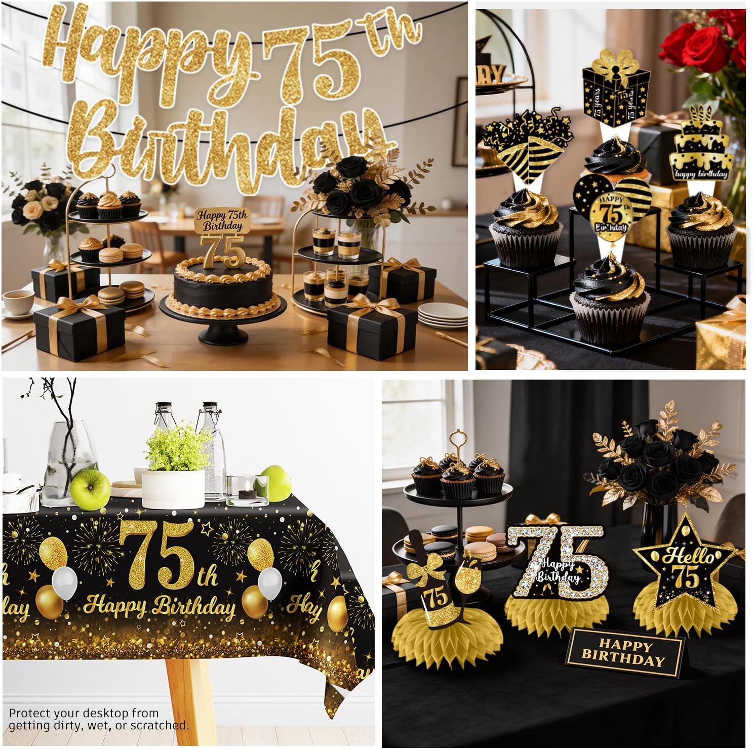 187pcs 75th Birthday Decorations for Men Disposable Dinnerware with Plates, Napkins, 2pcs Waterproof Tablecloth Banner Balloon Black and Gold 75th Birthday Decorations Serve 25 Guests