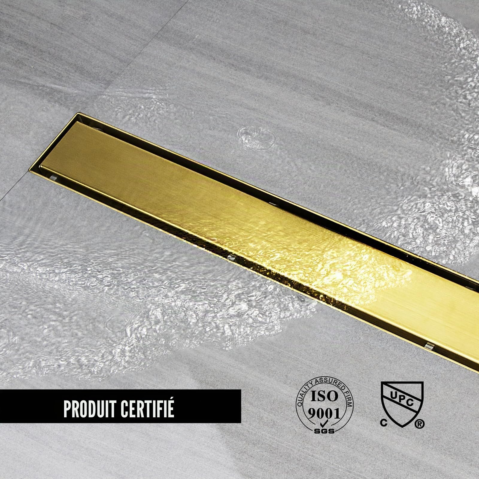 Caniveau de Douche Plat 50cm,Doré,Drainage Rapide,avec Siphon 360° | Caniveau de Douche avec siphon à bloqueur d'odeurs et filtre à cheveux，Caniveau Douche Extra Plat，Drainage rapide