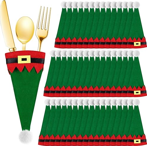 Hiboom Juego de 50 soportes de cubiertos de Navidad de tela no tejida, bolsa de almacenamiento de cubiertos de Papá Noel para mesa, cubiertos,