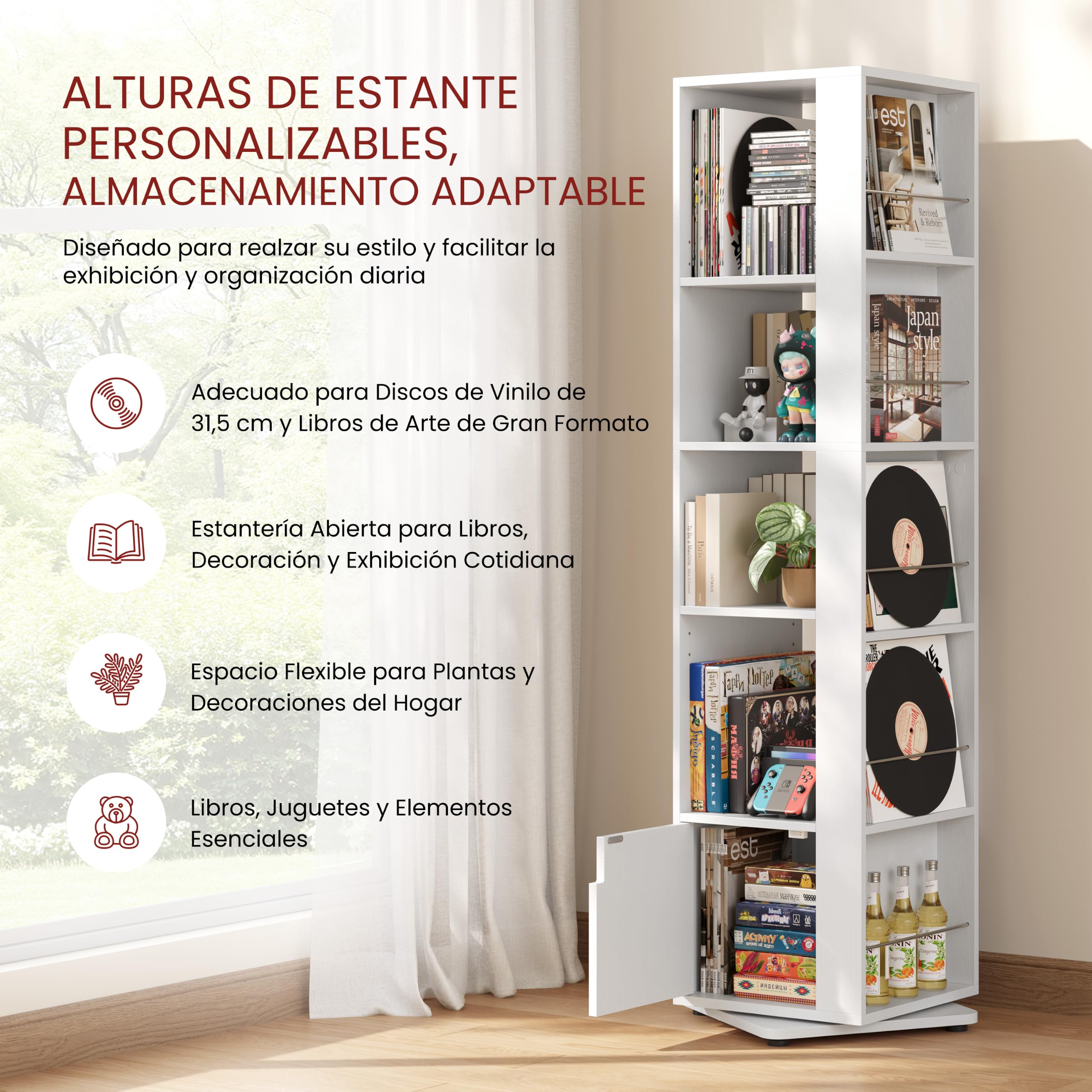 Yaheetech Estantería para Libros Giratoria de 360° de 5 Niveles Blanco | Librería Esquinera con Estante Ajustable Compartimentos Abiertos y Cerrados para Espacios Reducidos