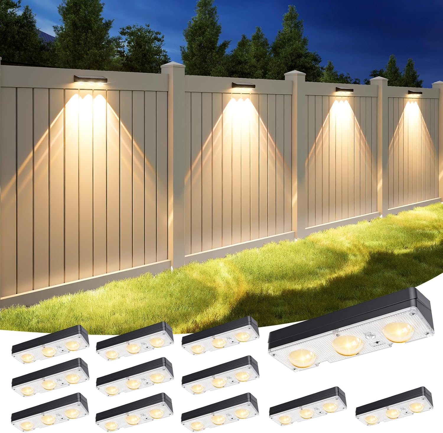 APONUO Solar Fence Lights Outdoor Waterproof, Fence Lights Solar Powered, 12 RGB Color Modes & Warm White & Cool White, Fence Solar Light Outdoor for Backyard, Patio, Wall, Deck, Yard（12 Pack, Black）