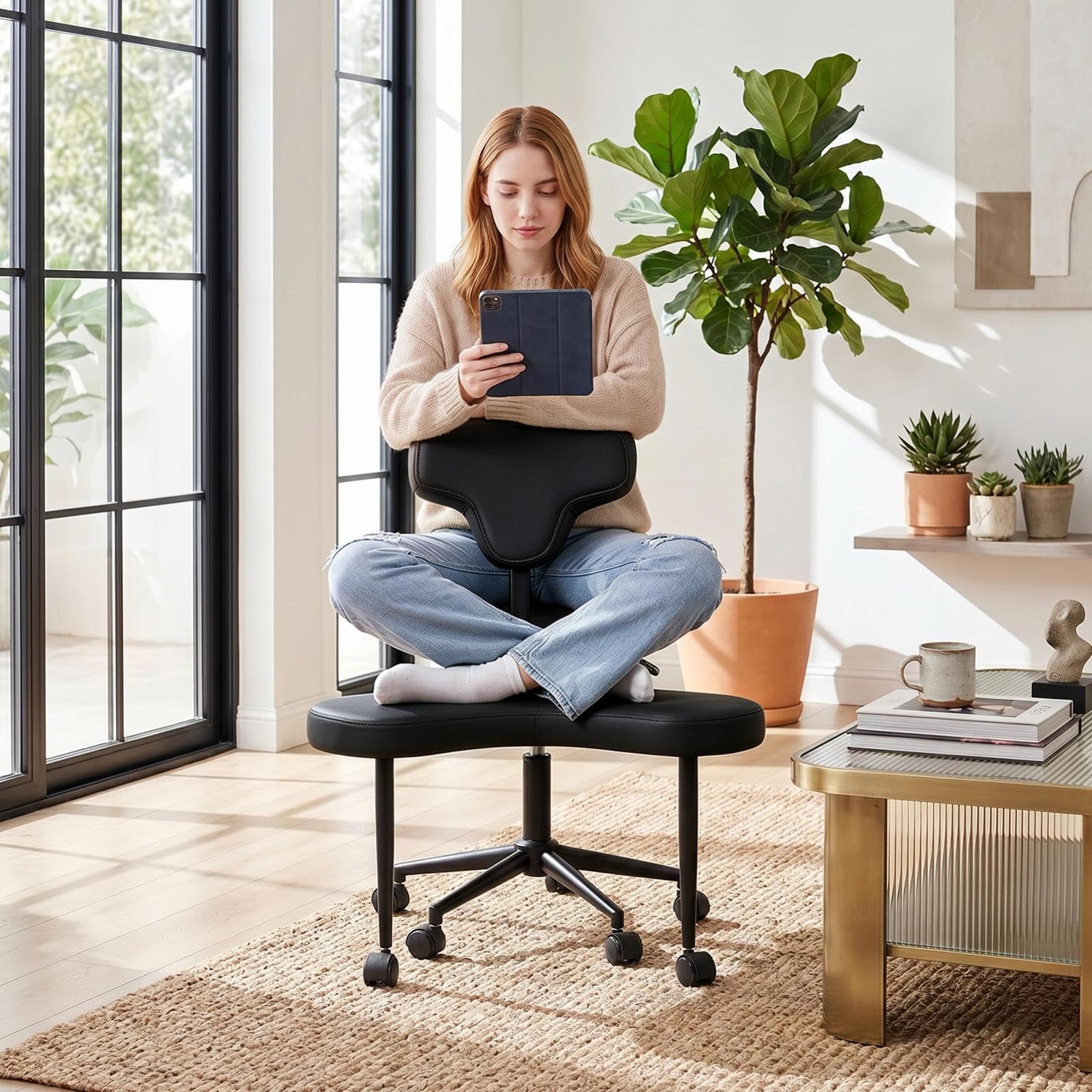 Chaise De Méditation, Chaise De Bureau TDAH À Jambes Croisées Avec Roulettes, Siège Réglable En Hauteur Et En Angle Avec Support Lombaire Pour Les Employés De Bureau Sédentaires,adultes Fidget Et Yoga
