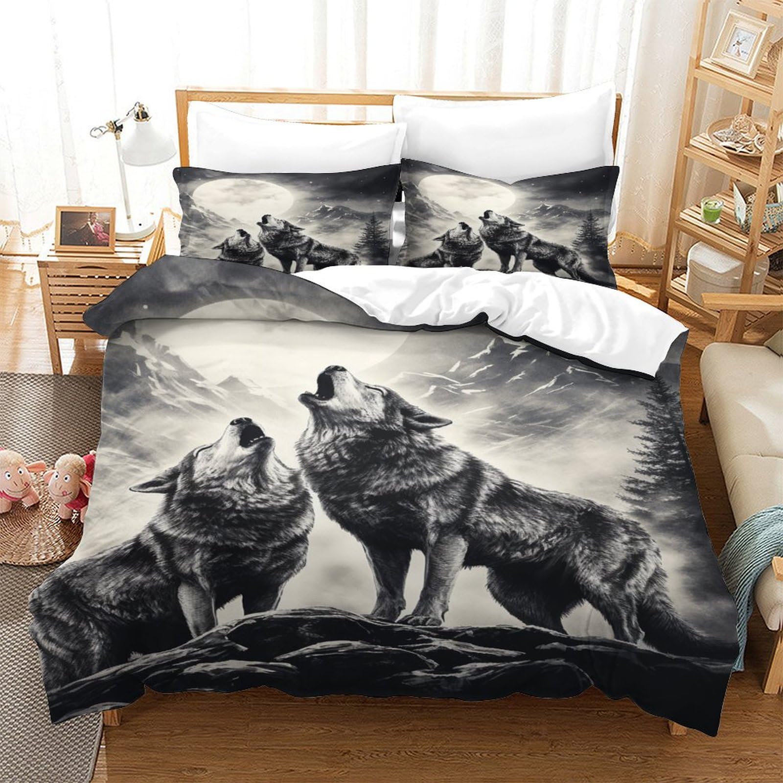 Parure de lit loup 3D 140x200 facile d'entretien pour réchauffer les nuits des ados et enfants