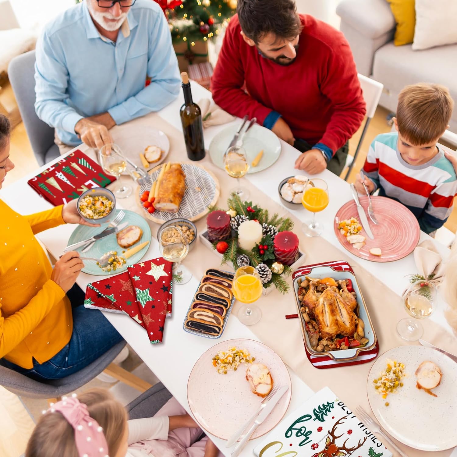 Leinuosen 8 Pcs Christmas Kitchen Decoration Set Christmas Tree Kitchen Towels Oven Mitts and Pot Holders Red Black Buffalo Plaid Dish Towels Oven Mitts Accessories for Baking Cooking(Colorful,Star) - Image 4