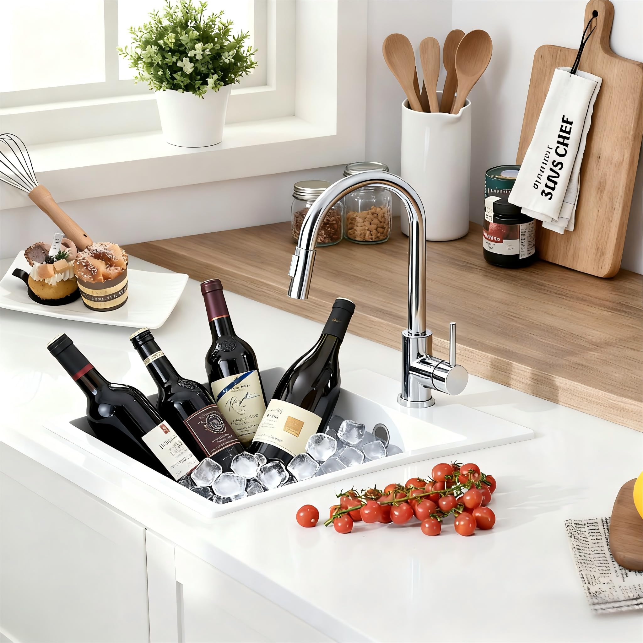 Fregadero Granito Blanco 28x50cm, Pequeño Fregadero de Barra Húmeda, Sobre encimera al mueble 30cm, Minilavabo de Cocina para Exteriores, para RV, con Rebosadero, Rejilla Enrollable y Sifón