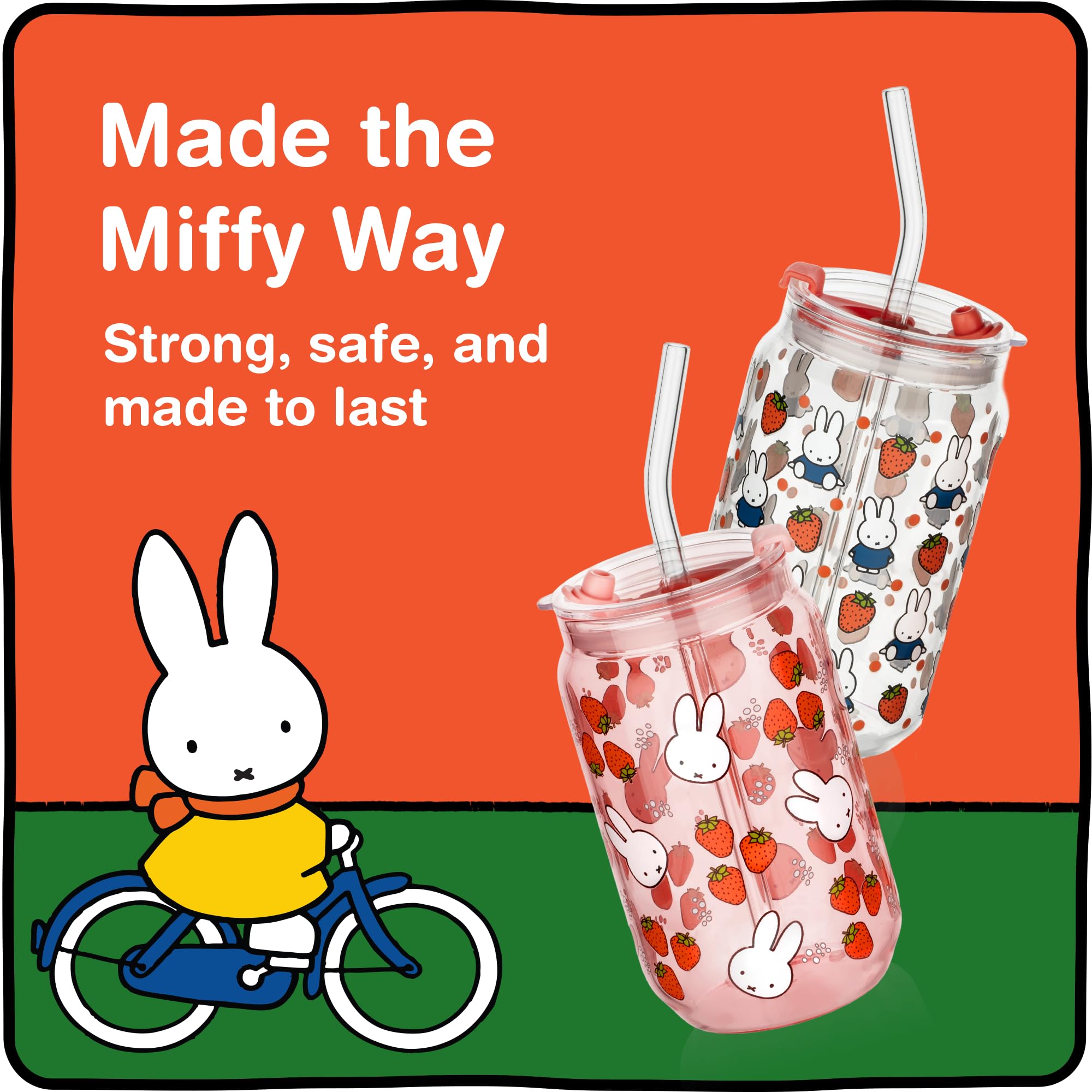 Dragon Glassware | Miffy Glasbecher mit Strohhalm, 473 ml, Erdbeere, 2 Stück | Nijntje Trinkgläser mit Deckel & Strohhalmen Eiskaffeetassen mit Deckel Miffy Glasbecher mit Strohhalmen & Deckel
