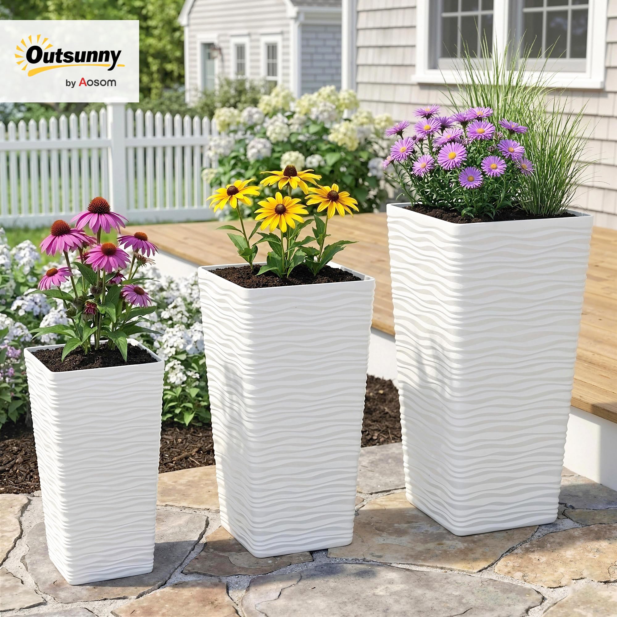 Outsunny Set di 3 Vasi da Esterno Impilabili con Motivo Ondulato, Vasi per Piante da Esterno Quadrati in Plastica per Fiori con Fori di Drenaggio, 42/55/65 cm, Bianco