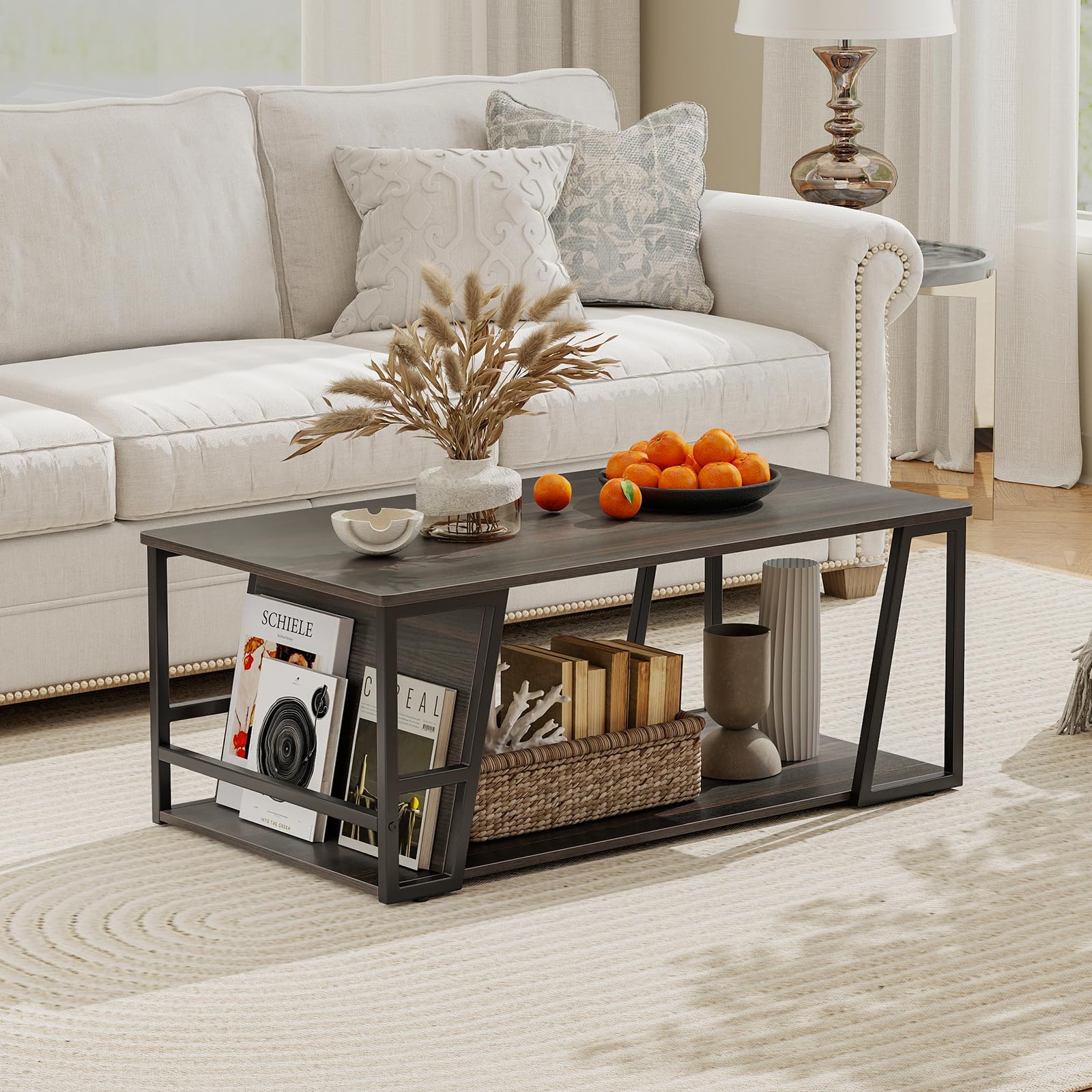GOFLAME Rectangular Coffee Table with Storage 40 Wood Center Table with Open Shelf Side Storage Trapezoidal Metal Frame