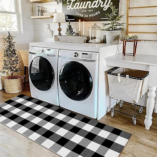 Miniatura 2 de LHLJOYU Buffalo - Alfombra a cuadros de 2 x 6 pies, color blanco y negro, reversible, tejida y lavable para lavandería, cocina, baño, dormitorio