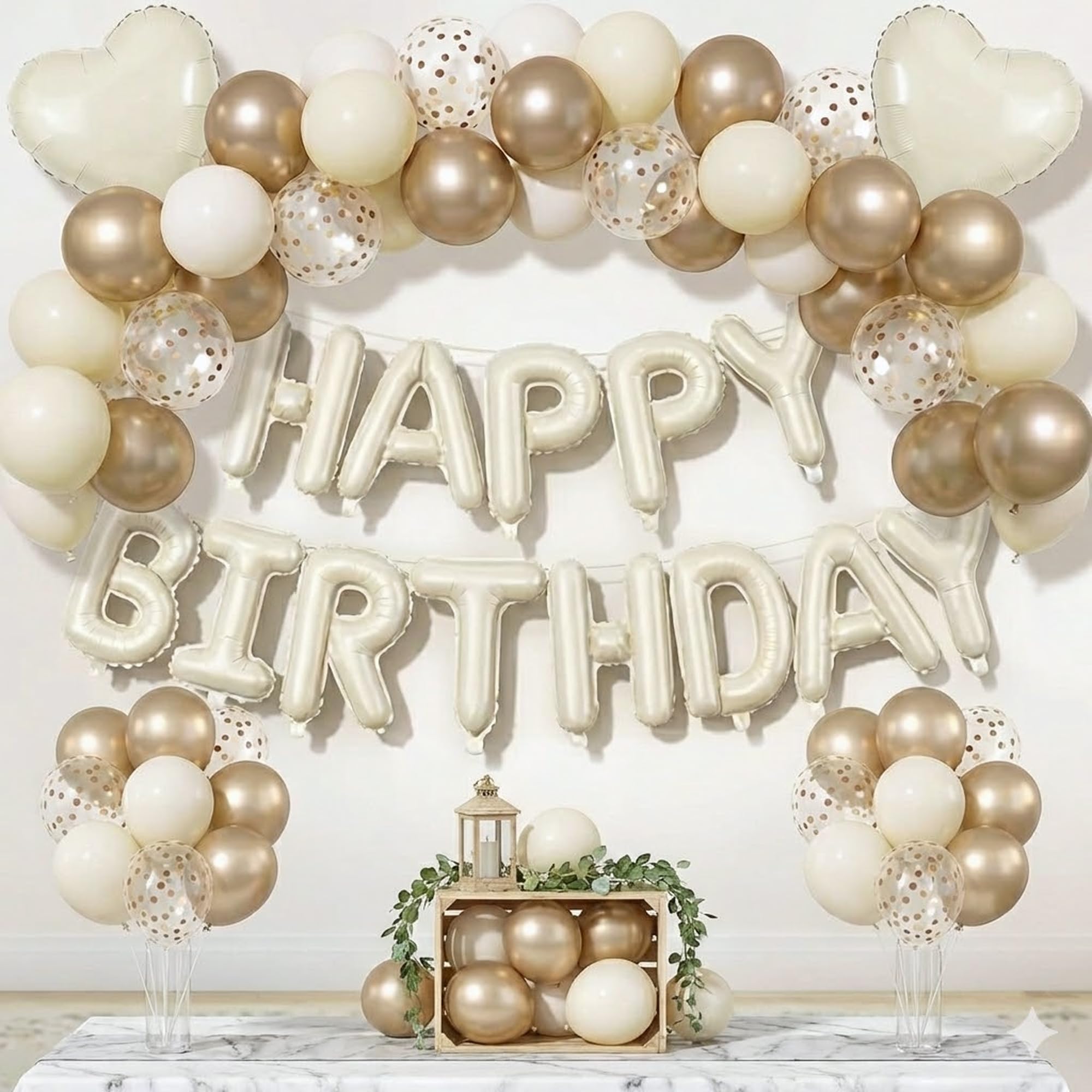 Beige Happy Birthday Decorations Set - Foil Birthday Banner, Beige, Gold Chrome & Confetti Balloons, Cream Heart Balloons for Elegant Birthday Party Decor