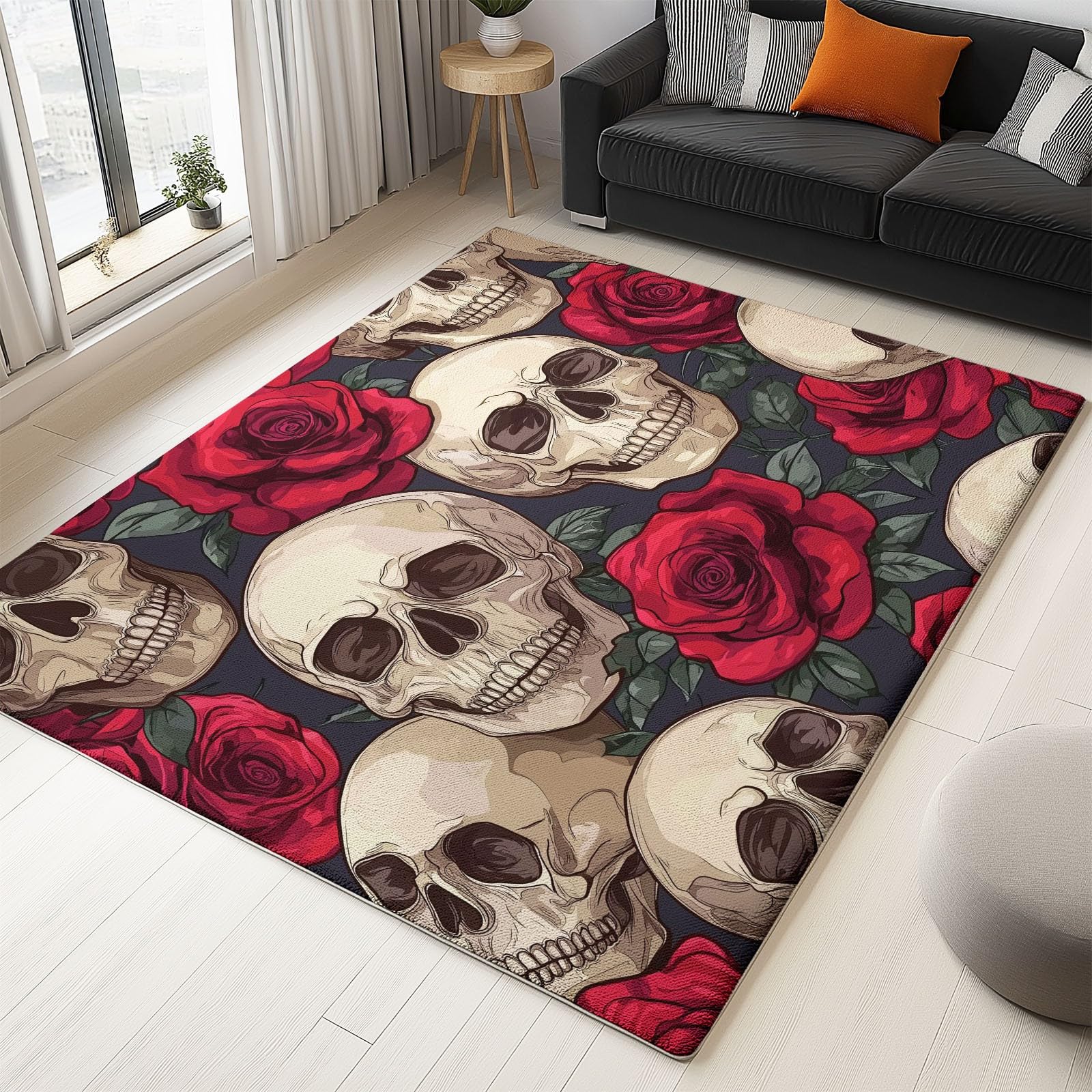Tapis de salon crâne rose beige et rouge tapis antidérapant 80x150cm pour intérieur et extérieur
