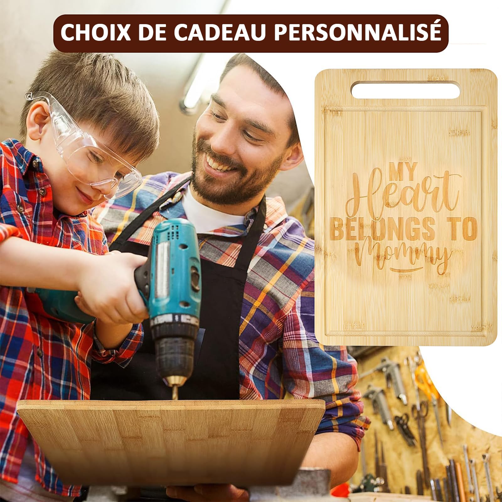 Lot de 5 Planches à Découper en Bambou 30,4 x 20 cm, Planches de Cuisine avec Poignée et Rainure à Jus, Plateaux Apéro Personnalisables pour Gravure Laser et Pyrogravure, Épaisseur 1,2 cm
