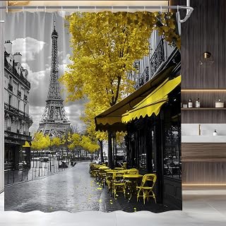 Paris Eiffel Tower Shower Curtain European Street City Scenery Yellow Grey Vintage Coffee Shop French Romantic Oil Painting Landscape Bathroom Curtain Fabric with Hooks(70" WX70 H)