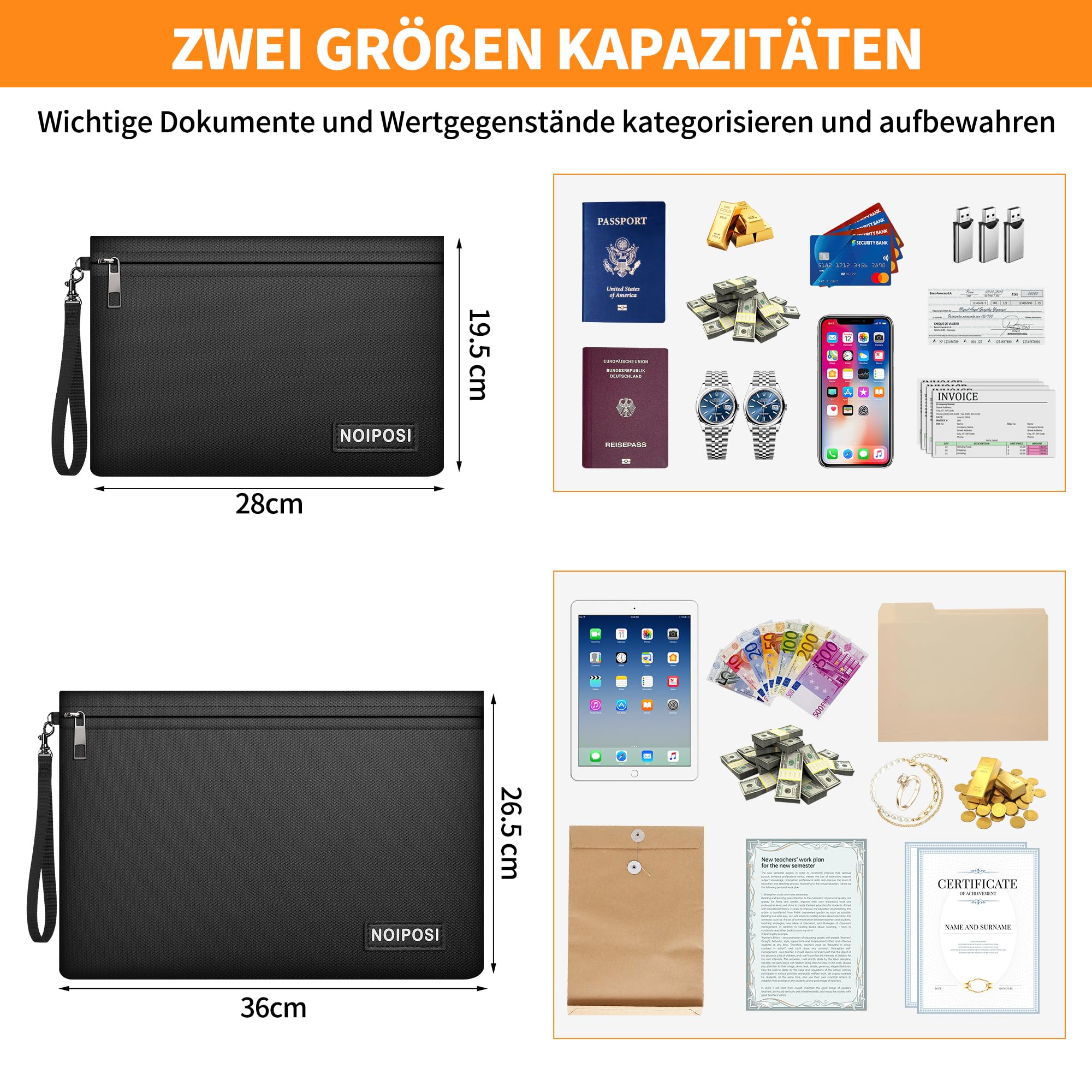 Noiposi ogniotrwała torba na dokumenty 36x26,5 cm wodoszczelna zestaw 2 sztuk