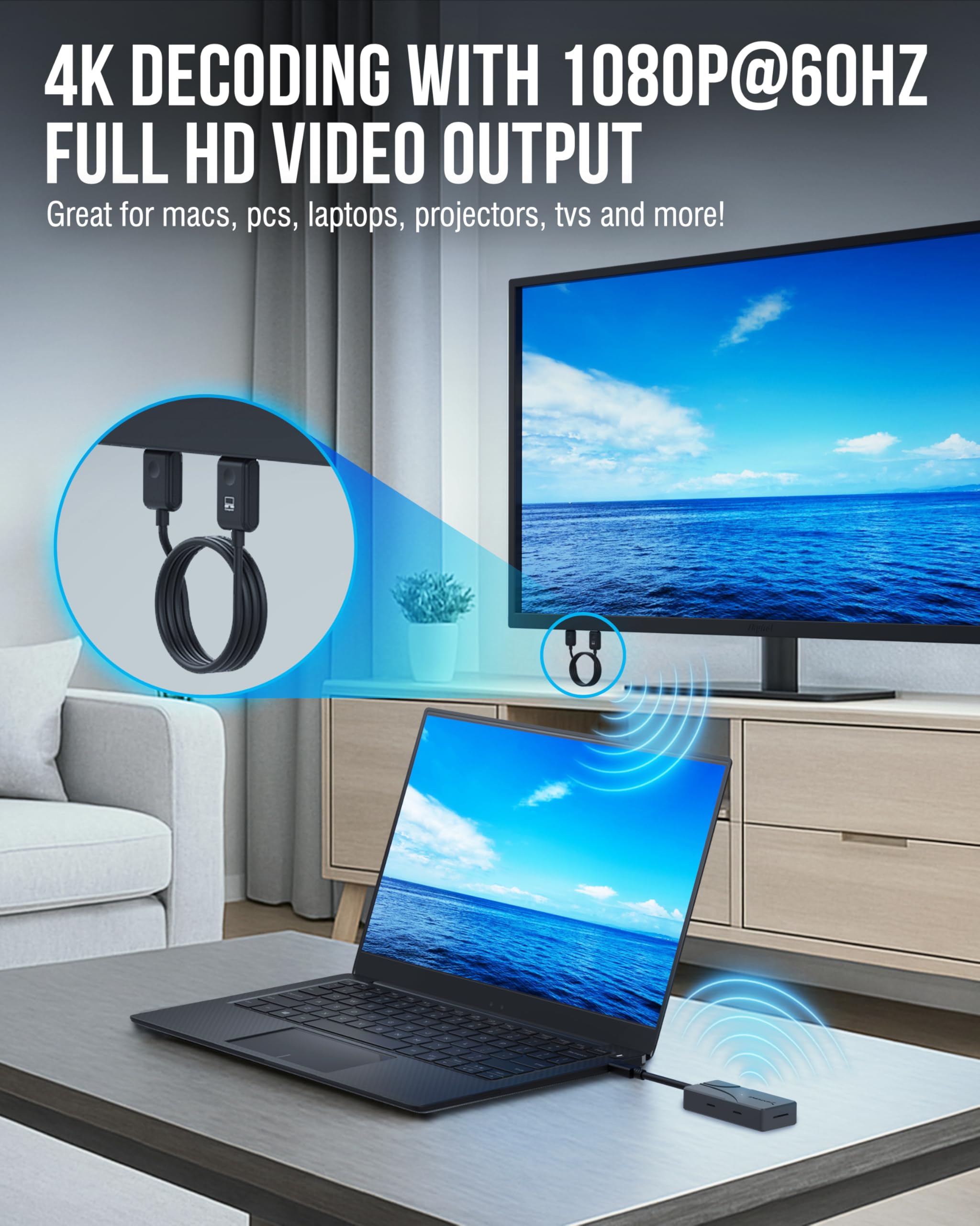SABRENT Bezprzewodowy zestaw HDMI USB C, nadajnik i odbiornik 1080p 60Hz, Plug and Play, adapter USB C na HDMI, do laptopa, telefonu, tabletu, projektora telewizyjnego (DA-TCHR)