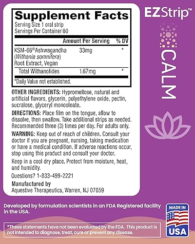 Miniatura 6 de Calm - Tiras orales Ashwagandha KSM-66. Suplemento para aliviar el estrés y concentrarse. Sabor miel y limón. Sin azúcar, sin gluten, sin alérgenos,