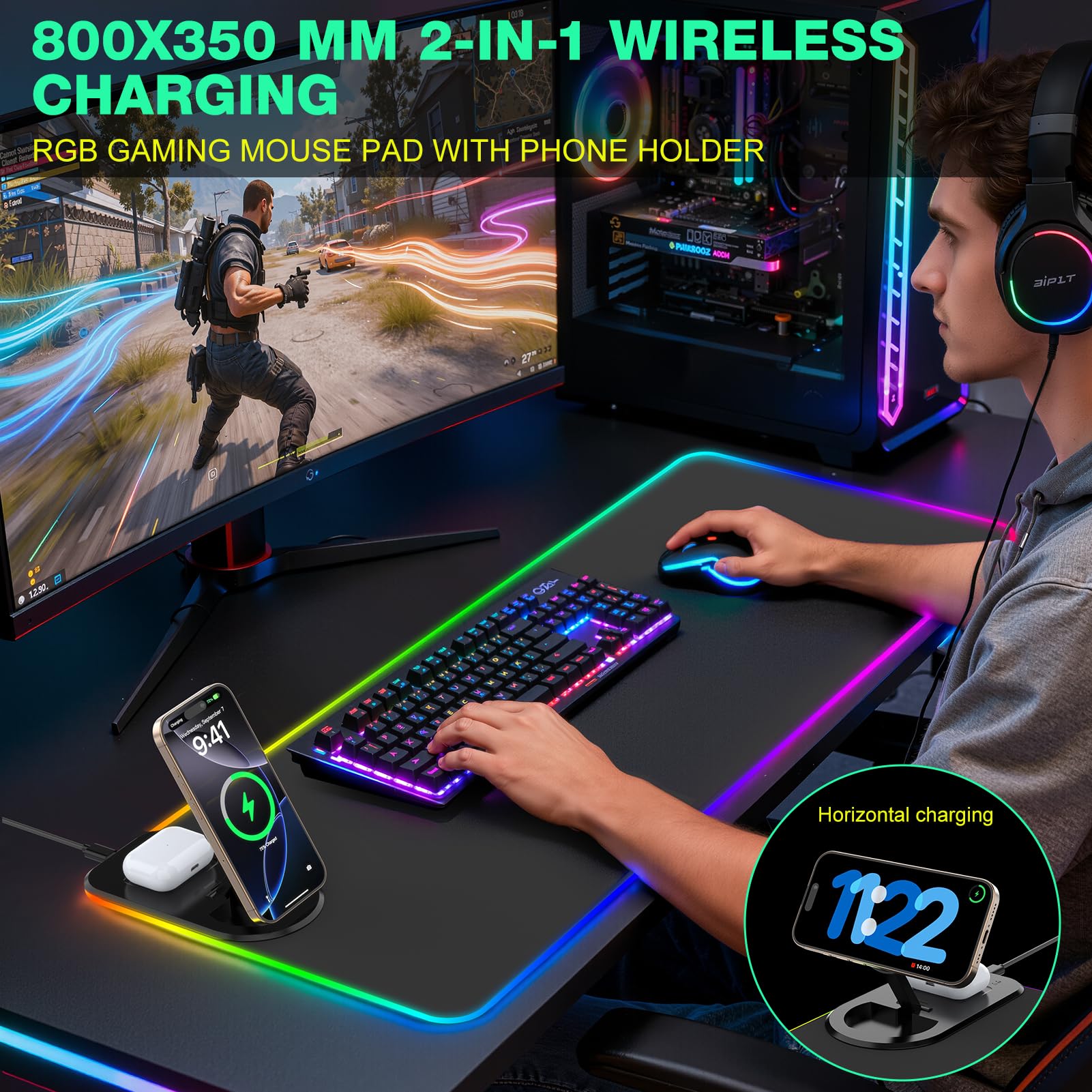 GIM Alfombrilla de mouse RGB de carga inalámbrica de 15 W, alfombrilla de mouse LED de 800 x 350 x 4 mm, 10 modos de luz, alfombrilla de mouse extra grande, base de goma antideslizante, alfombrilla de